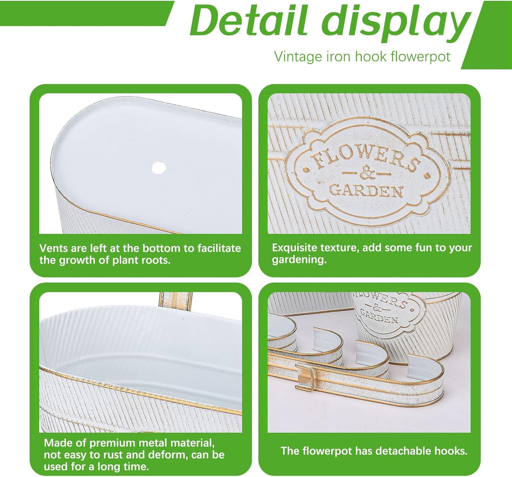 PerGar Vintage Metal Iron Wall Hanging Flower Pots, Rustic Planter Bucket Herb Flower Plant Holder with Detachable Hooks & Drainage Hole for Railing Fence Balcony Deck Garden Home Decoration, Set of 3