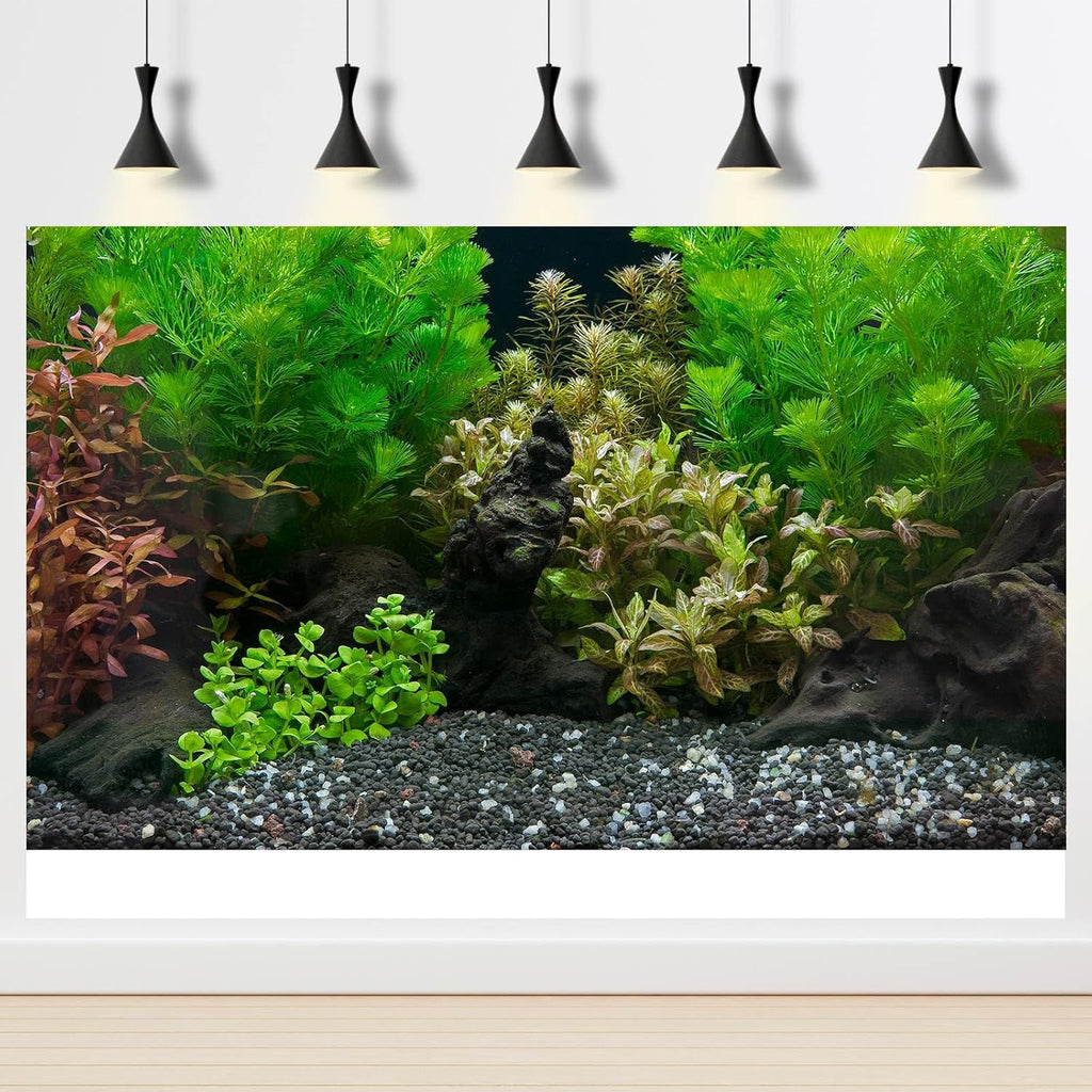 Aquarium Background Exquisite Underwater Grass Leaves with Pebbles Aquarium Backdrop Vivid Green Aquatic Plant Stone with Dead Woods and Fresh Leaves Fish Tank Wallpaper 30x18in