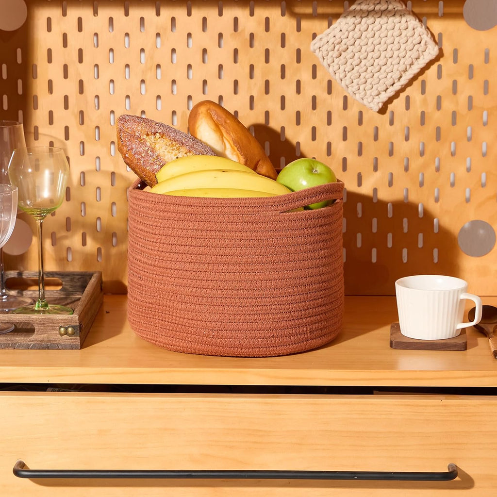 Small Basket for Organizing | Cube Shelf Closet Storage Baskets | 9.7×9.7×7.1” | Woven Rope Gift Basket | Nursery | Round 3 Packs Oxide Red