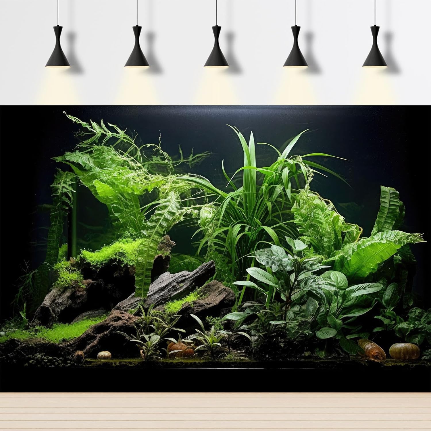 Aquarium Background Freshwater Green Plants Terrarium Background Aquatic Underwater Sea Grass Tank Background Wood Root Rock with Moss Jungle Style Fish Tank Background Poster Wallpaper 48x18in