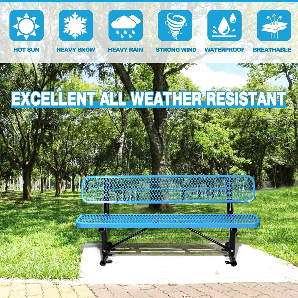 6Ft Outdoor Bench with Back Portable Frame, Outdoor Steel Park Bench with Backrest, Expanded Metal Mesh Bench for Outside, Lawn, Backyard, Park, Garden, Patio, Porch, Blue