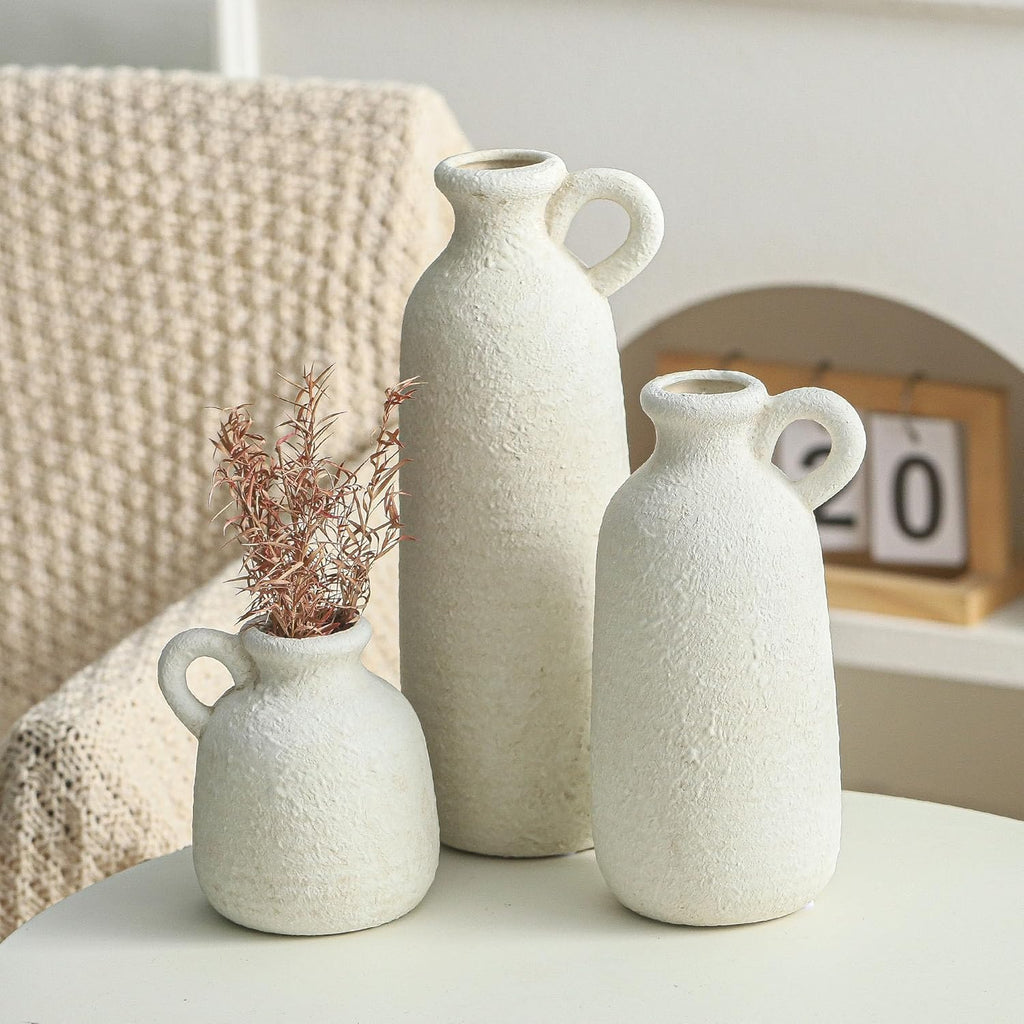 Ceramic Vase Set of 3 with Handle, Neutral Rustic Vases Home Decor Farmhouse Decorative Vase Whitewashed Pottery Decor Modern for Table Mantel Entryway Bookshelf Living Room Kitchen Bedroom - White