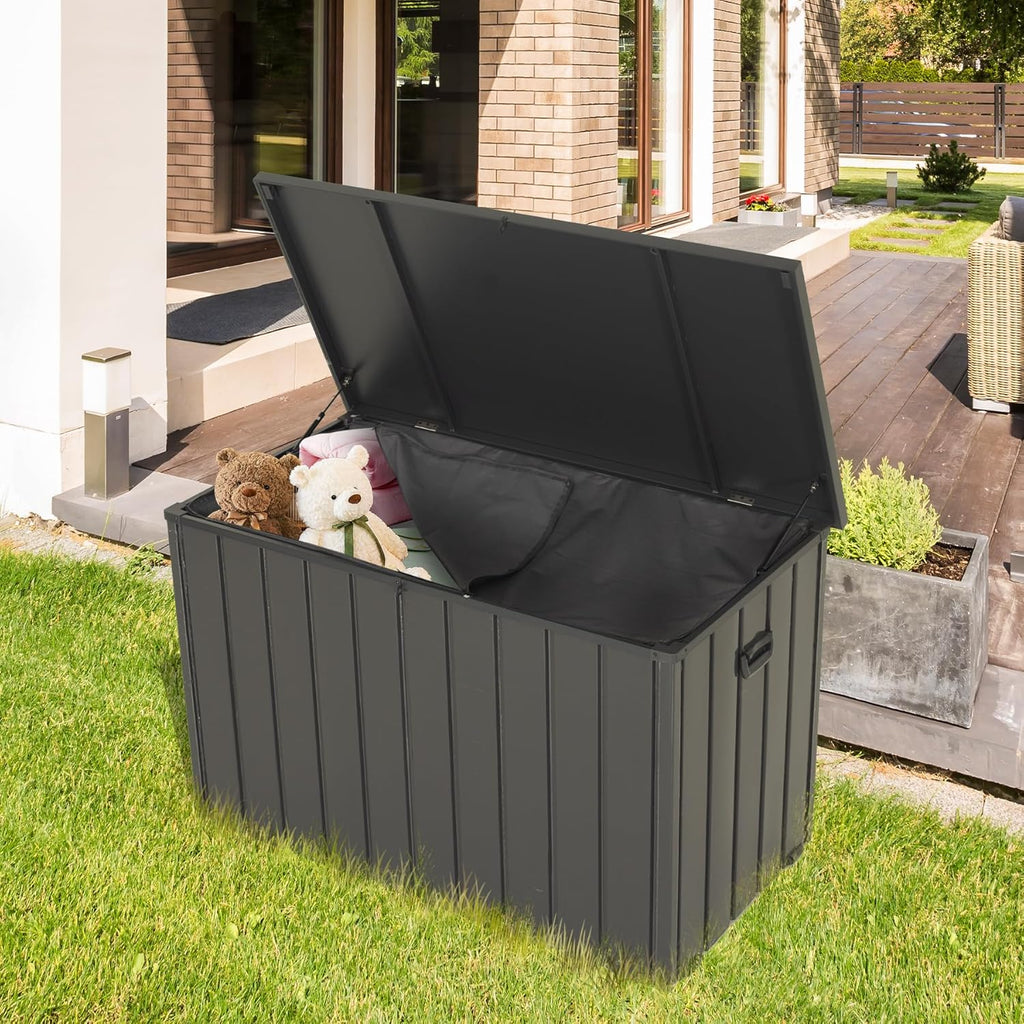Outdoor Storage Box, 100 Gallon Metal Deck Box Built-in a Oxford Fabric Storage Bag, Lockable & Waterproof Outside Patio Storage Box for Cushions, Tools, Pool Floats- Grey