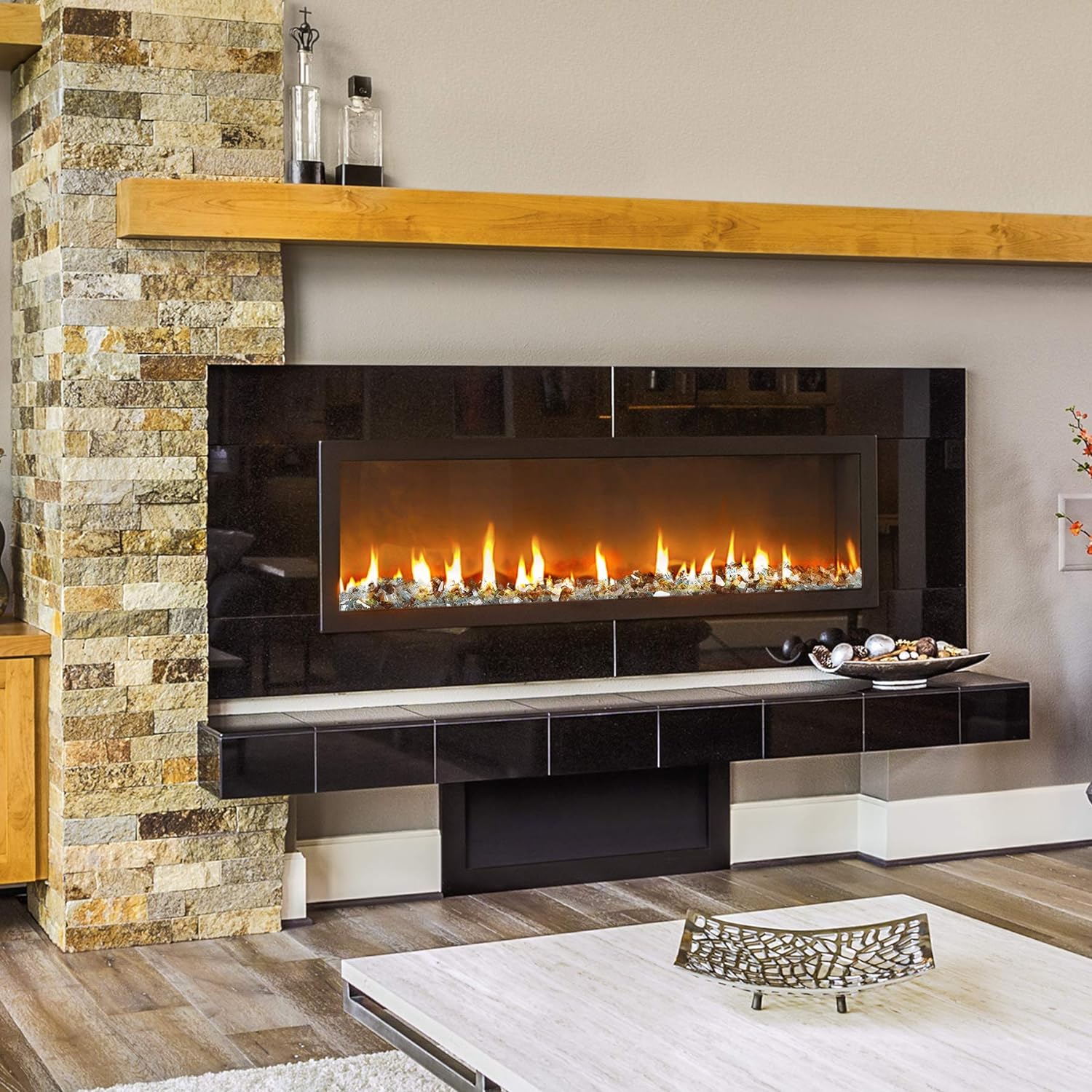 Mr. Fireglass Blended Reflective Fire Glass for Fire Pit Fireplace and Landscaping, 10 Pounds 1/4 Inch Mixed Colored High Luster Fireglass Rocks for Outdoor and Indoor Use Aqua Blue+Copper+Platinum