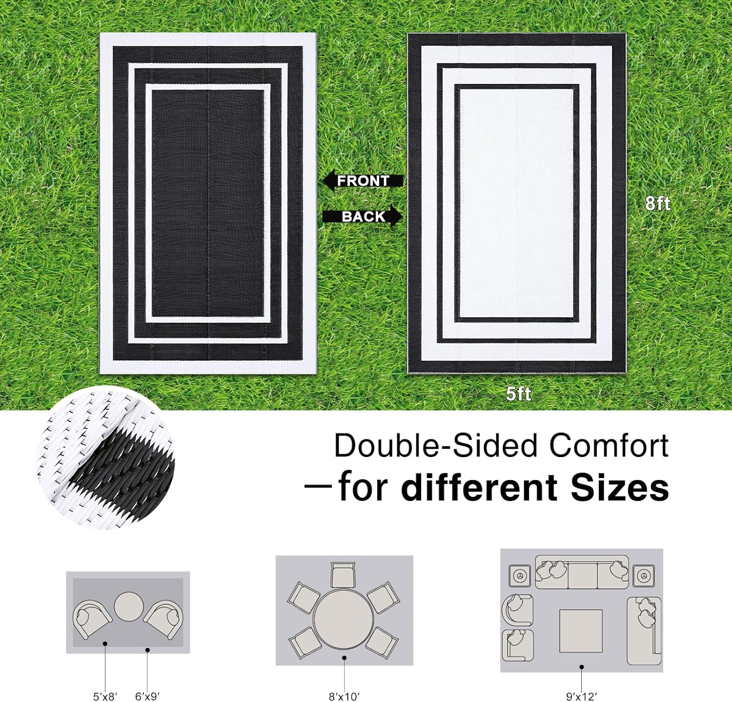 OLANLY Outdoor Rug 5x8 ft Waterproof, Reversible Outdoor Plastic Straw Rug, RV Mat, Indoor Outdoor Carpet Clearance for Patio, Camping, Balcony, Deck, Backyard, Black & White