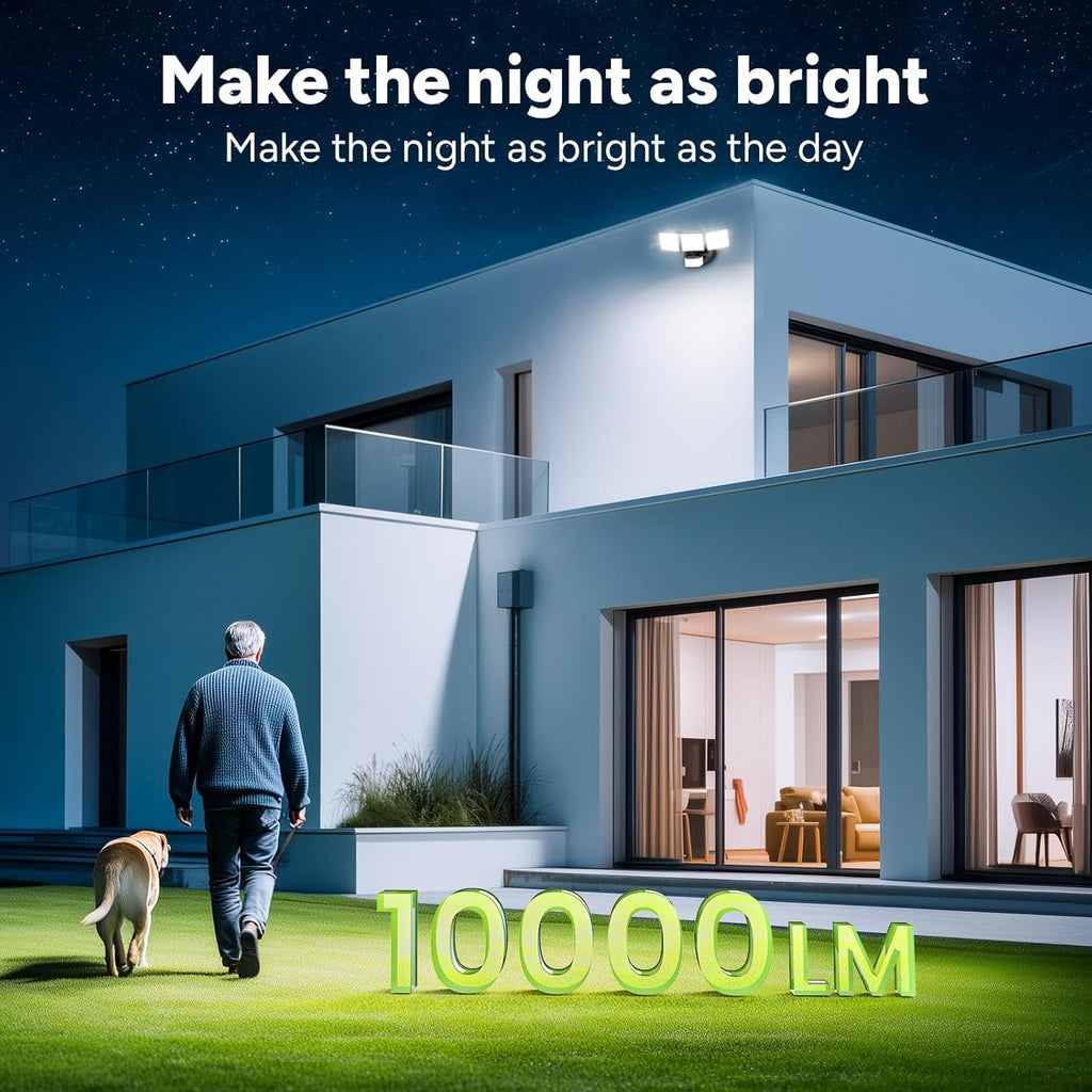 OREiN 10000LM Flood Lights Outdoor, 180°/75FT Motion Sensor Outdoor Lights 4 Modes Dimmable Dusk to Dawn Floodlights IP65 Waterproof for 8000SQ.FT Area for Big Patio, Driveway, Black (Hardwired)