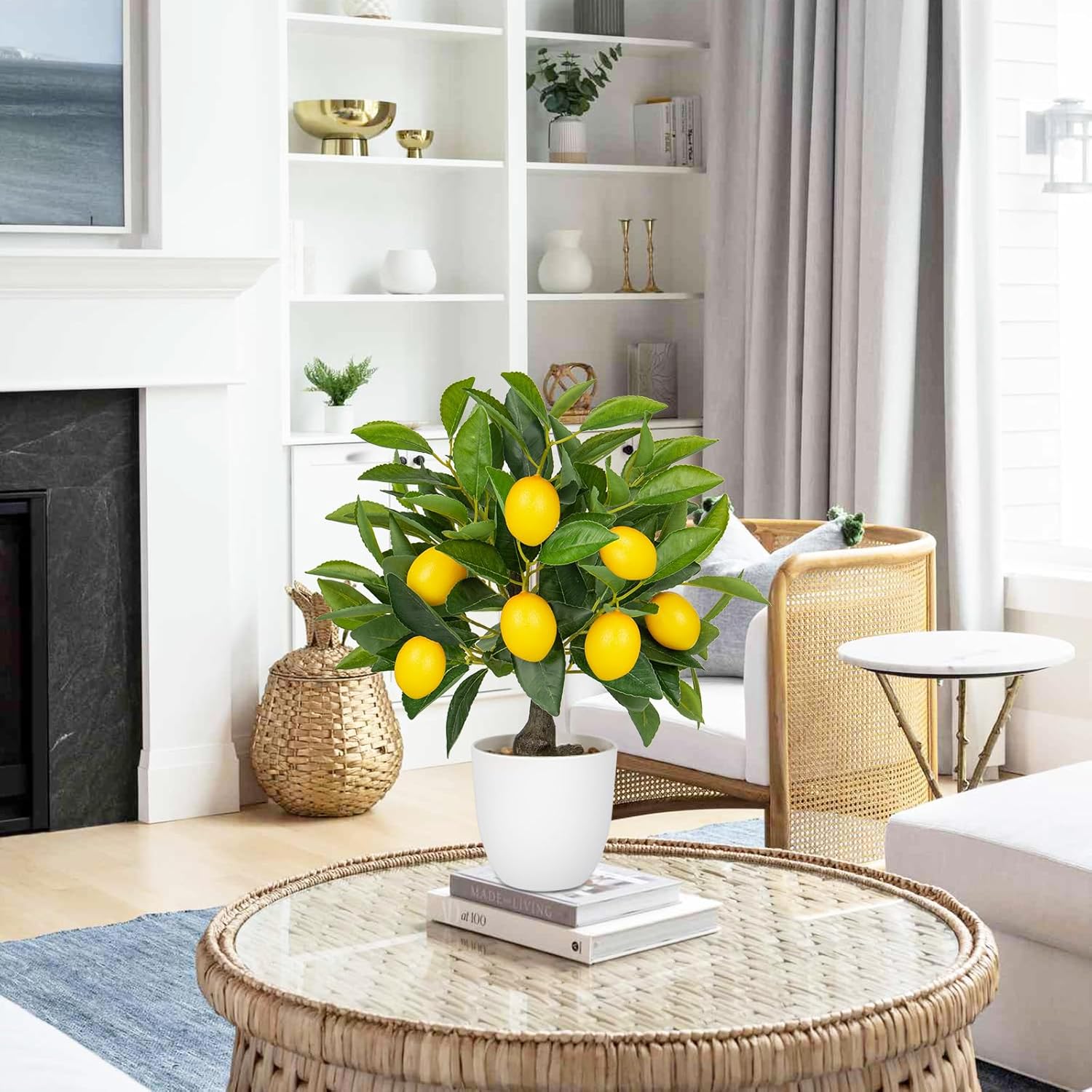 Artificial Potted Plants 15.7 inches Fake Lemon Tree Artificial Lemons Citrus Tree with White Pot Faux Plants Indoor for Home,Office, Living Room Table, Desk