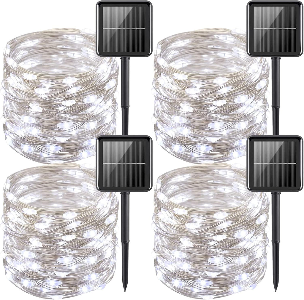 YEGUO White Solar Fairy Lights Outdoor Waterproof, 4 Pack Each 33ft 100 LED String Light, 8 Modes Silver Wire Twinkle Lights