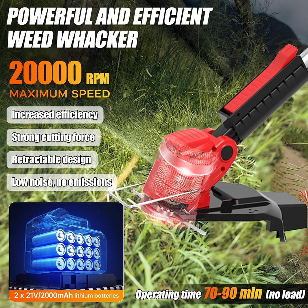 Electric Weed Wacker Eater Cordless Grass Trimmer Battery Powered with 2 Battery&25 Pcs Blades, 3 in 1 21V/2.0Ah Lightweight Portable String Trimmers/Edger Lawn Mower/Brush Cutter for Yard Garden