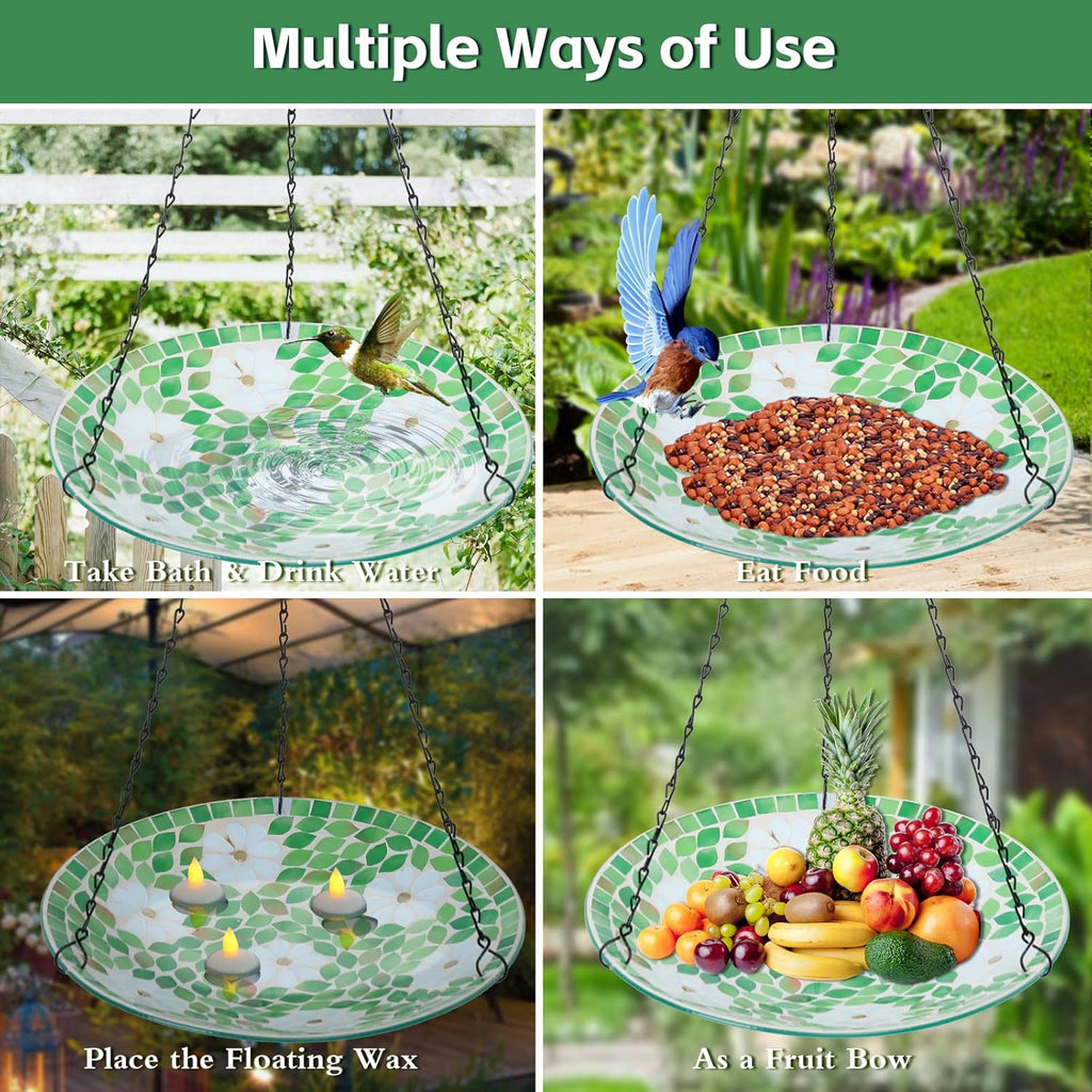 MUMTOP Mosaic Hanging Bird Bath-Bird Baths for Outdoors - 12 Inch Glass Birdbath Bird Water Bowl Bird Feeders for Outside, Garden, Lawn Yard Decor（Flower & Leaf）
