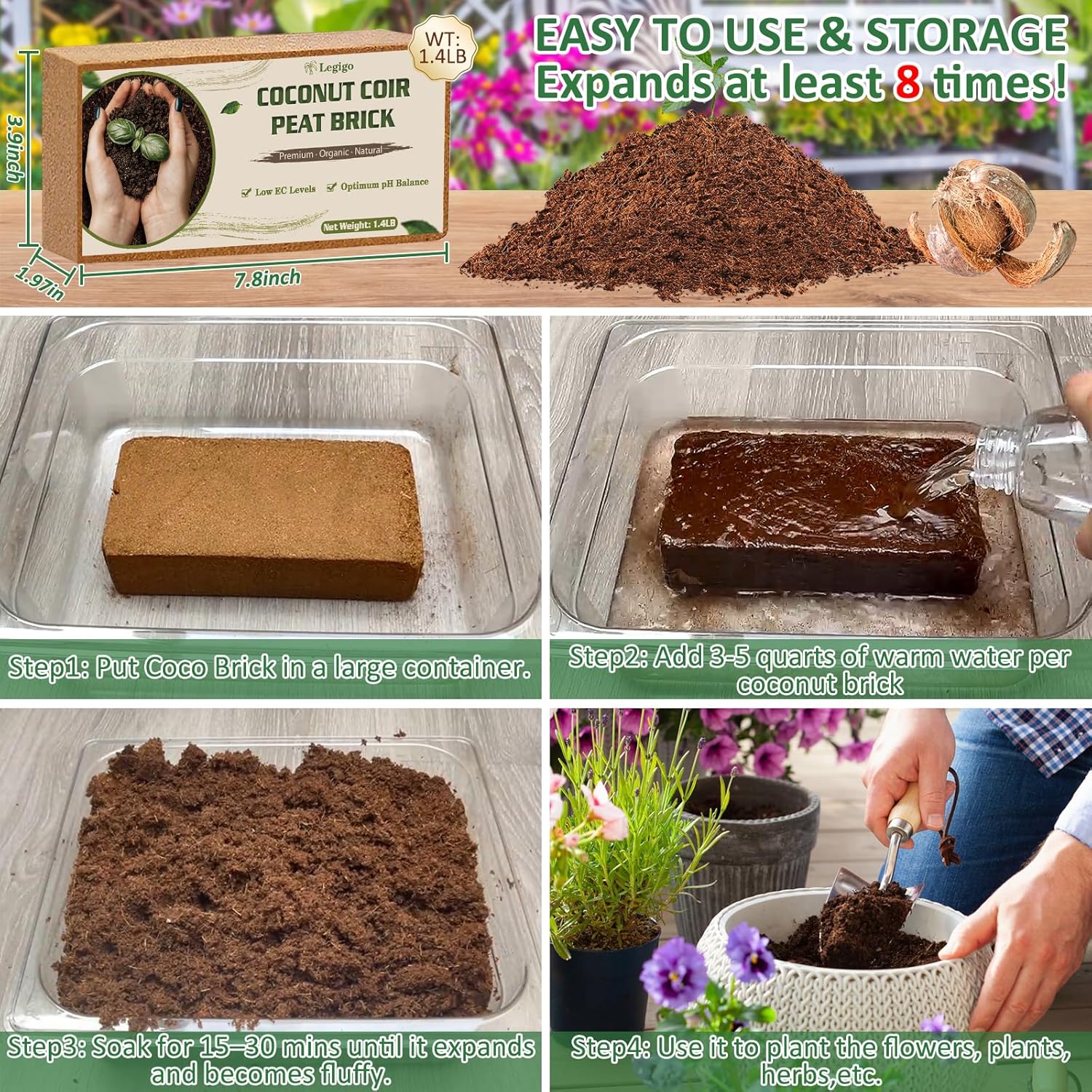 Legigo 2 Pack Premium Coco Coir Brick for Plants- 100% Organic Compressed Coconut Coir Bricks Starting Mix, Coco Coir Fiber Coconut Husk for Planting, Gardening, Potting Soil Substrate, Herbs