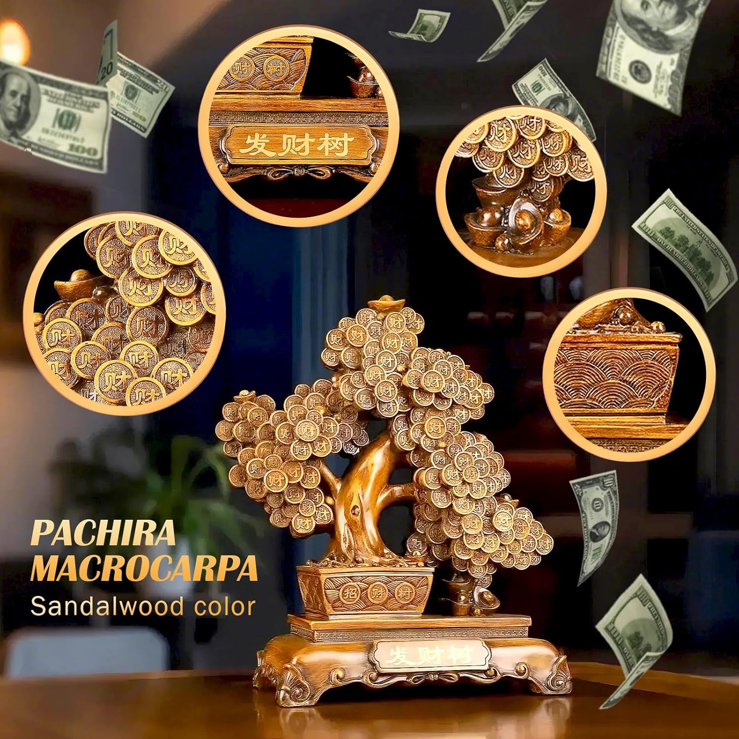 FENGSHUI-CAISHEN Top Resin Money Tree, Artificial Bonsai Tree, Handcrafted, Premium Quality, Feng Shui Gift for Abundance Luck and Success (Brown)