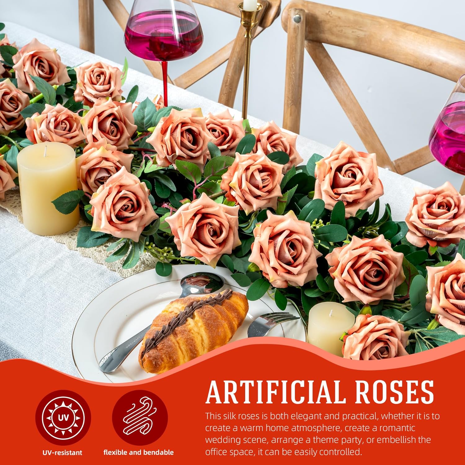 Fake Roses Faux Flowers Silk Roses 16.5In Artificial Roses with Stems Realistic Artificial Flowers Suitable for Indoor Home Decoration Diy Bouquet Wedding Decoration Party Decor 12PCS Khaki