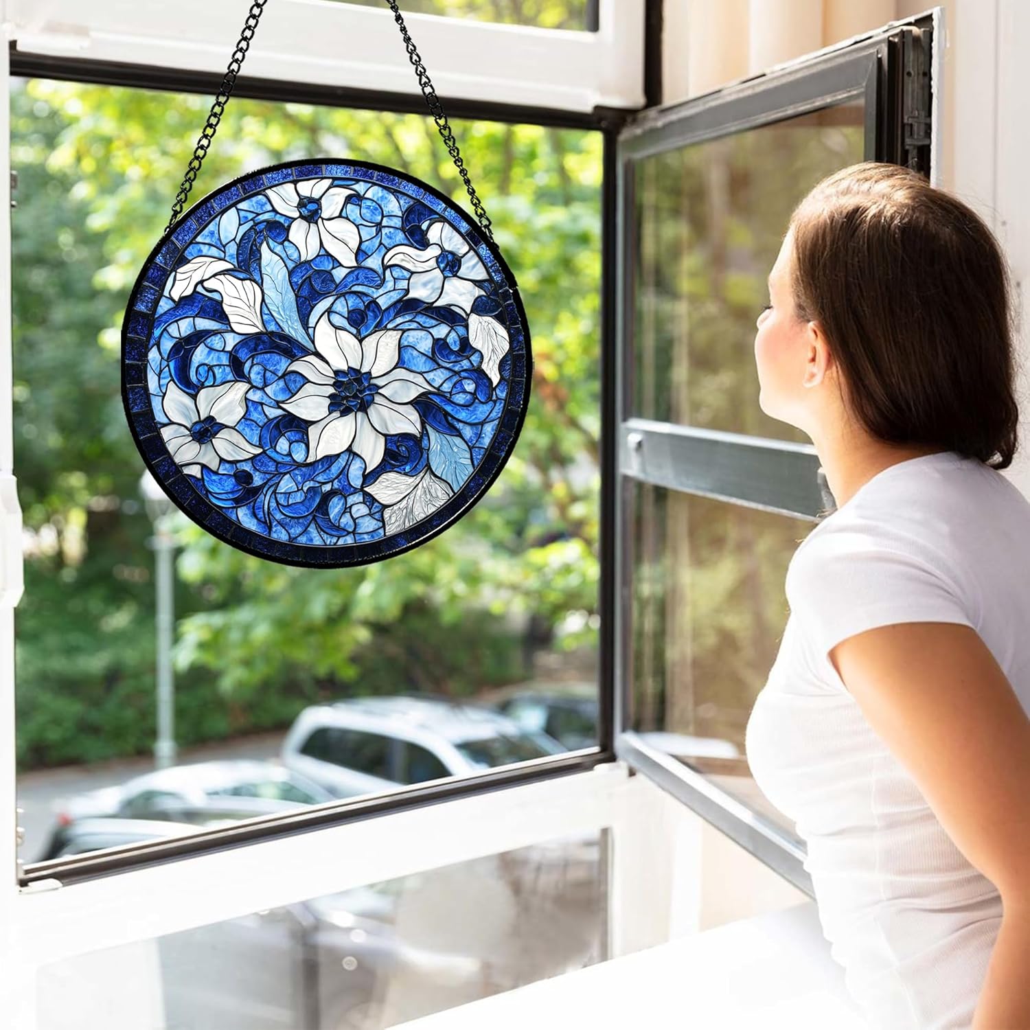 Stained Glass Window Hanging - Blue White Flowers Suncatcher for Doors Garden Patio Boho Style Sun Catchers Decor Christmas Mother's Day Birthday Gifts for Women Men Mom Nana Friend 7.8 in