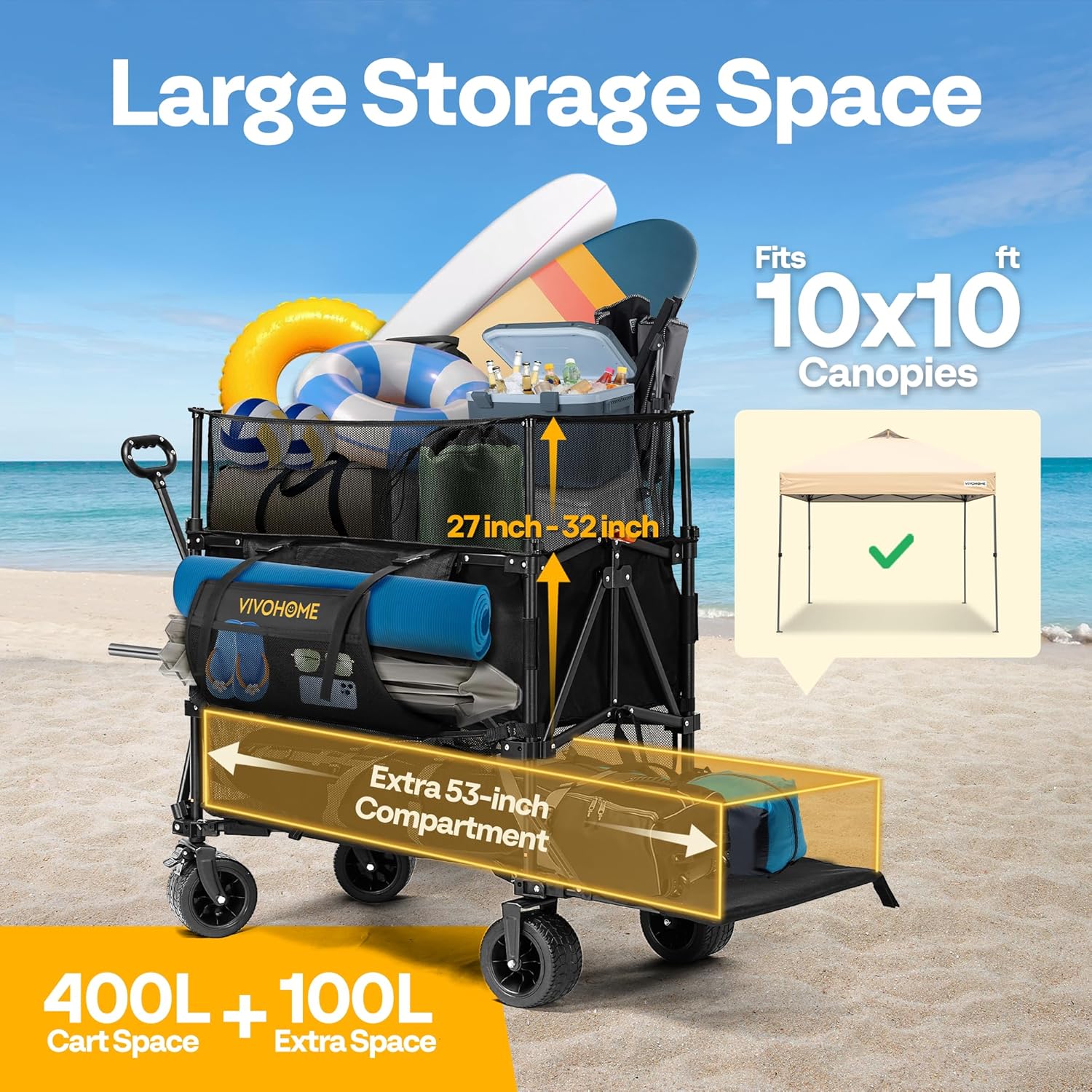 VIVOHOME 500L Large Capacity Double Decker Collapsible Wagon 500lbs Heavy Duty Utility Folding Cart with Big Wheels 53" Extended for Camping, Sports