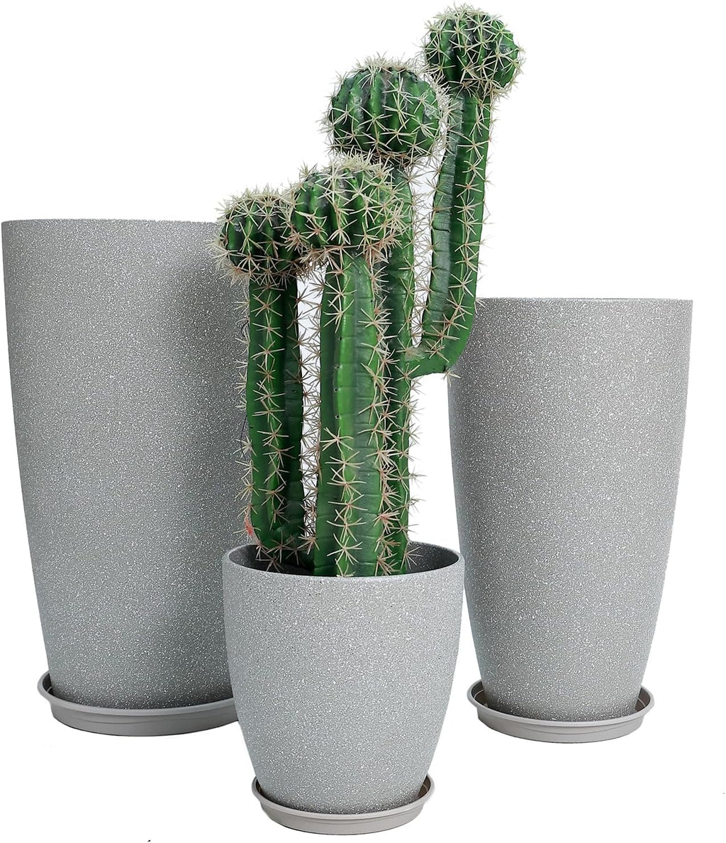 24,21,11 Inch Large Plastic Planters with Drainage Hole and Saucer - Set of 3 Tall Plant Pots Indoor Flower Pot Tall Round Planters Outdoor Large Tall Planter