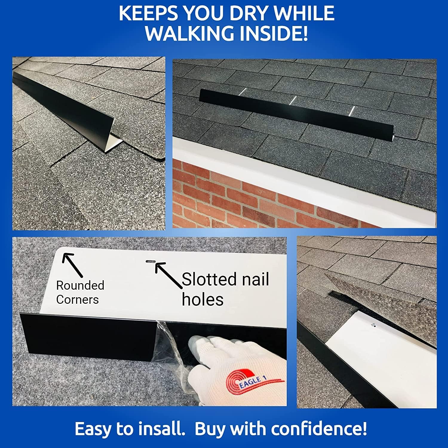 EAGLE 1- Shingle Roof Rain Diverter 40 Inches Long- 26 Gauge Material- Easy to Install- Includes Stainless Steel Nails (3, Black)