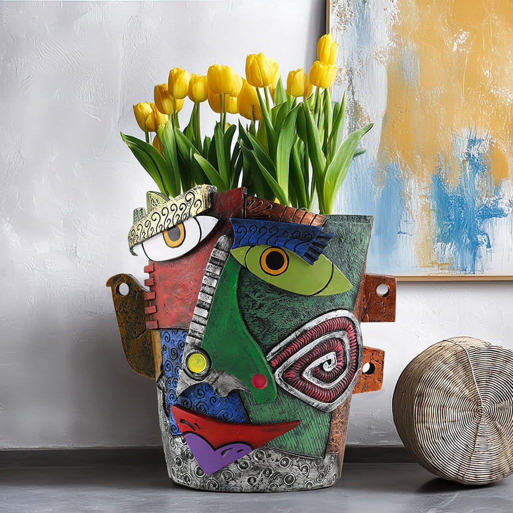 TOZLU Art Abstract Face Planters Pots Head,Unique Fun Abstract Face Flower Pot Ornaments Head Planter Pots Container Colorful Resin Flower Pot for Home and Garden Decor(Picasso Abstract Flowerpot)