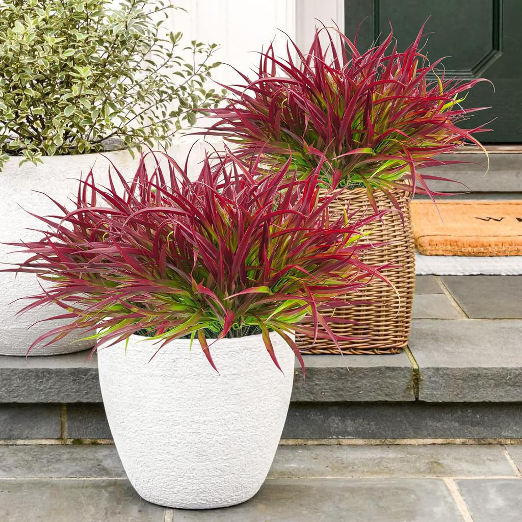 Uieke 28 Bundles Artificial Outdoor Plants UV Resistant Fake Grass Plants Faux Plastic Plants Greenery Shrubs for Home Garden Pathway Window Box Front Porch Summer Fall Decor, Deep Red