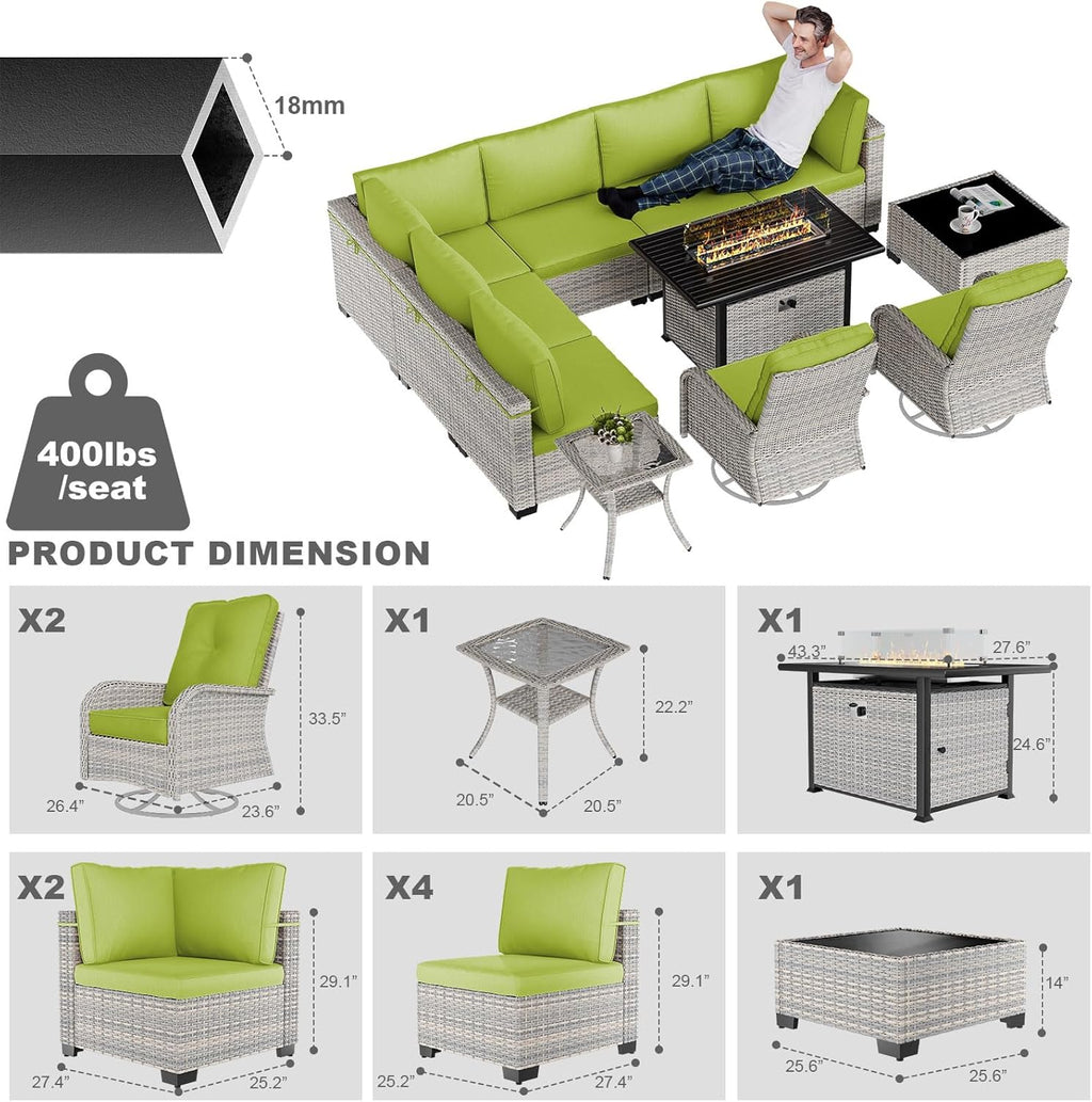 11-Piece Patio Furniture Set, Outdoor Patio Furniture with 55,000 BTU Fire Pit Table, Swivel Chairs Set, Thick Cushions, Modular Patio Sofa, Dual-Strand Rattan, Rust-Resistant Frame, Grass Green