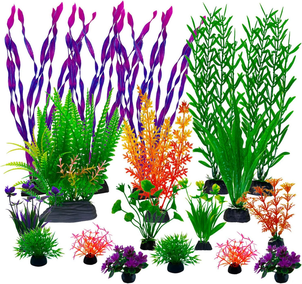 18 Pieces Colorful Artificial Fish Tank Decorations, Aquarium Decorations Fish Tank Purple and Green Artificial Plastic Plants
