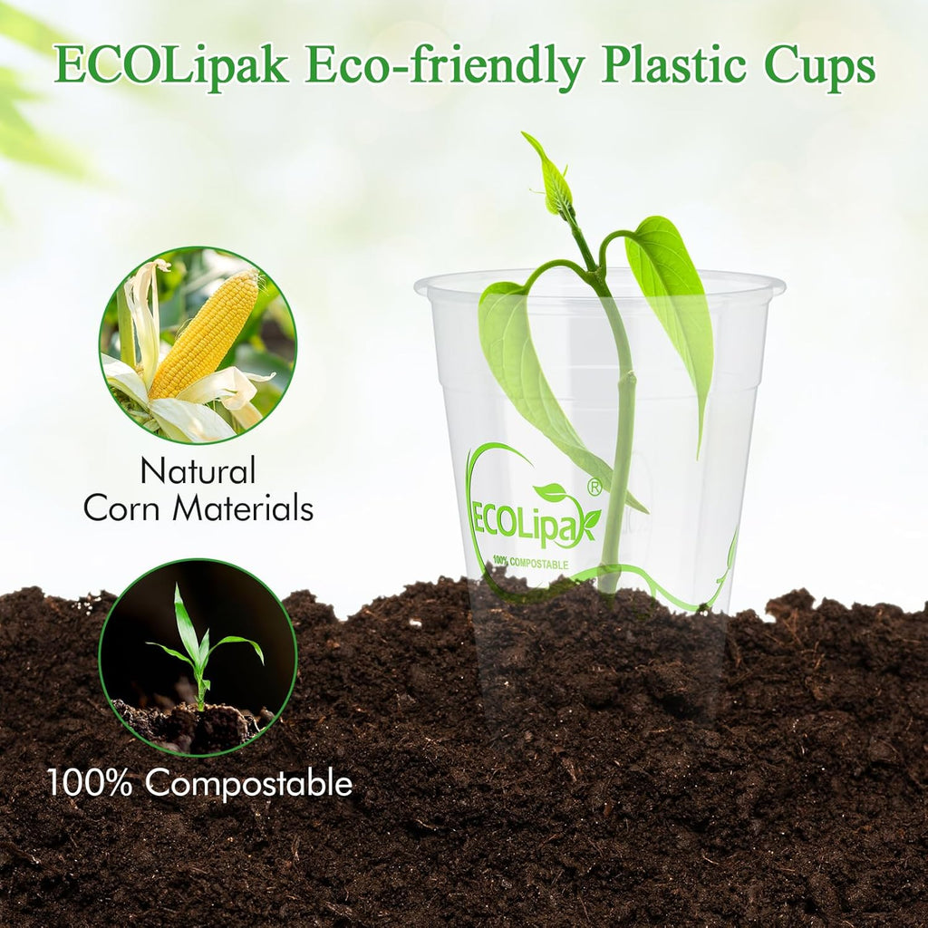 ECOLipak 1000 Count 9 OZ Clear Compostable Plastic Cups, Disposable Plant-Based Biodegradable Drinking Party Cups, PLA Plastic Cold Tumblers for Restaurant, Office, Canteen, Large Gathering