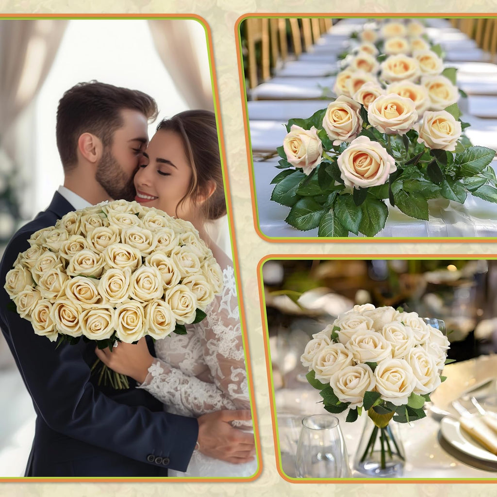 50 PCS Fake Champagne Roses, Artificial Flowers Bulk Realistic Silk Faux Rose with Stems for Wedding Decorations, Bridal Bouquets, Mother's Day Thanksgiving DIY Floral and Home Decor