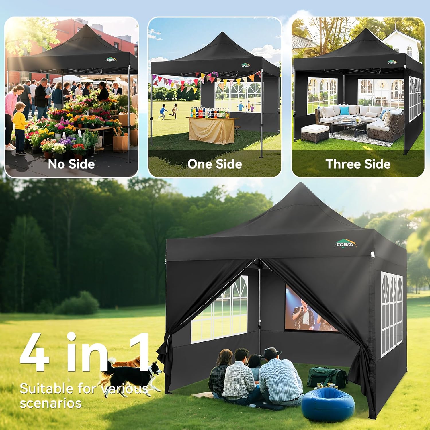 COBIZI 10x10 Pop up Canopy Tent Heavy Duty with 4 Sidewalls, Easy Set-up Commercial Outdoor Party Tent, 100% Waterproof Wedding Gazebo, 3 Height Adjustable with Wheeled Bag,Black
