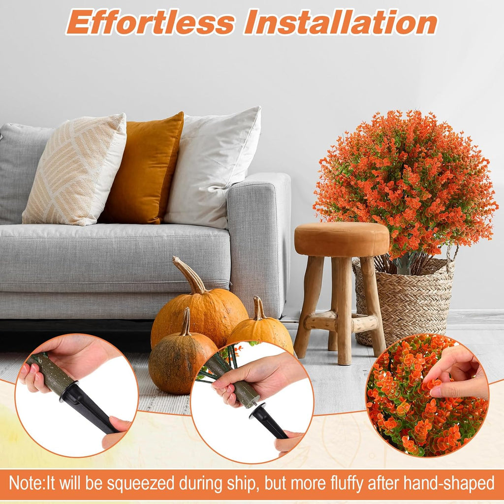 Yunlly 2 Pcs 18 Inch Fall Artificial Boxwood Ball Topiary Tree Outdoor Plants Bush, UV Resistance Faux Shrub with Spike Fall Porch Decor for Indoor Garden Yard Porch Patio Decor (Orange)