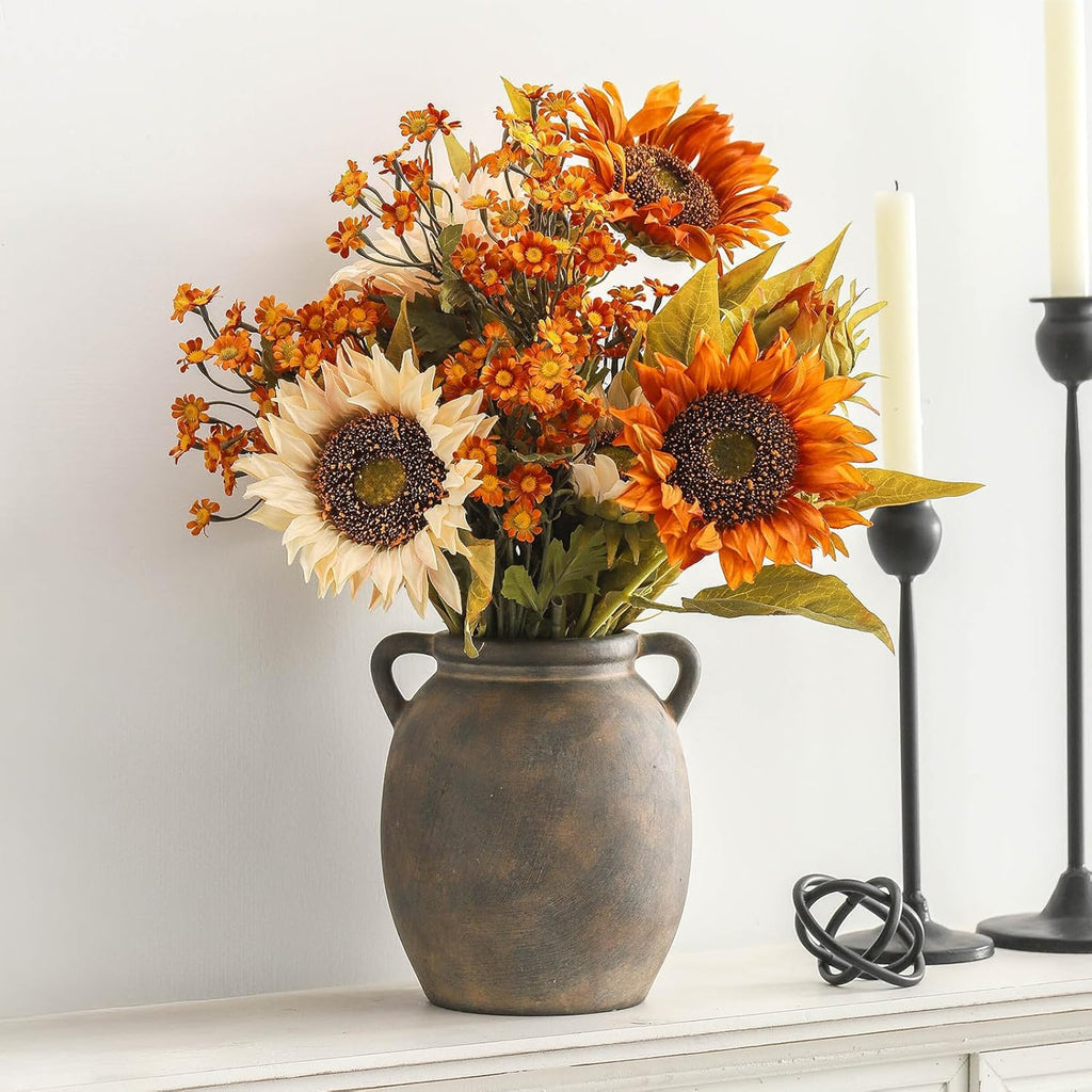 Ceramic Flower Vase 7.6 inch Farmhouse Rustic Vase Decorative Pottery Terracotta Vases for Home Decor Table Mantle Fireplace Living Room Bathroom Wedding Centerpiece (Black)