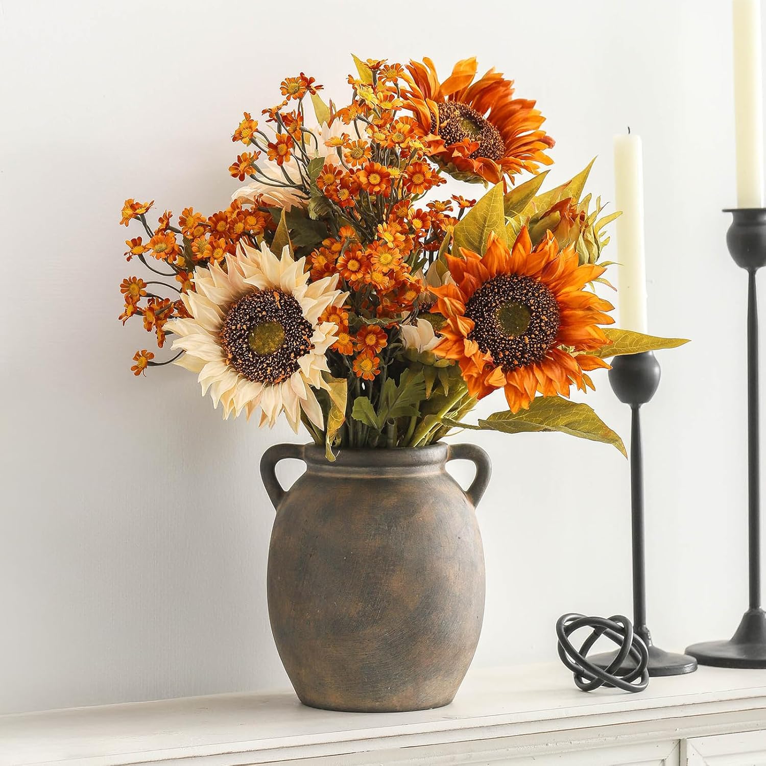 Ceramic Flower Vase 7.6 inch Farmhouse Rustic Vase Decorative Pottery Terracotta Vases for Home Decor Table Mantle Fireplace Living Room Bathroom Wedding Centerpiece (Black)