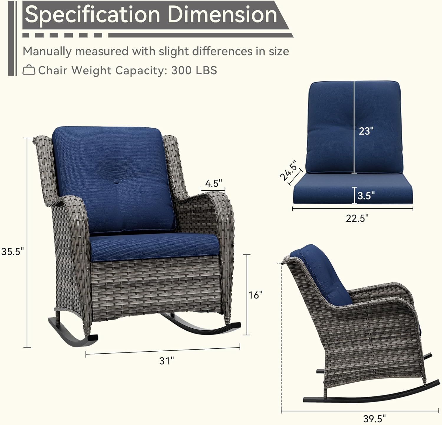1 PC Outdoor Rocking Chair, Wicker Patio Rocker Chair for Yard, Porch, Mixed Brown Grey Rattan, Blue Cushions