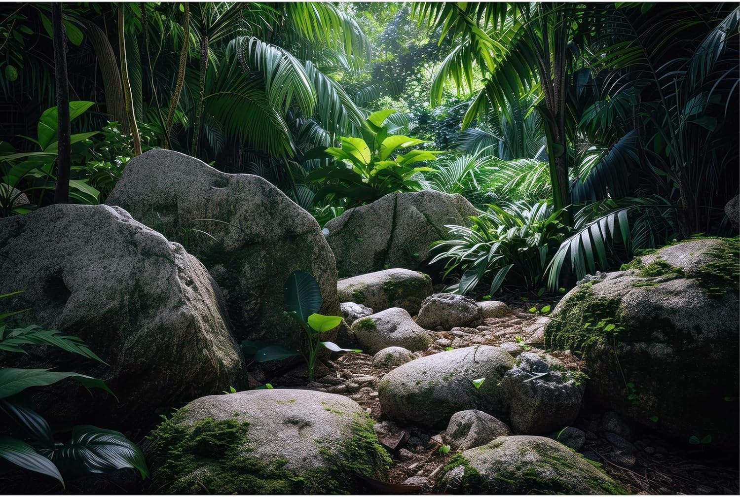 Reptile Habitat Backdrop Lush Tropical Plants and Rocks Terrarium Backdrop Dense Vegetation with Large Broad Leaves and Ferns Fish Tank Background Aquarium Wallpaper Poster Decor Vinyl 48x18in