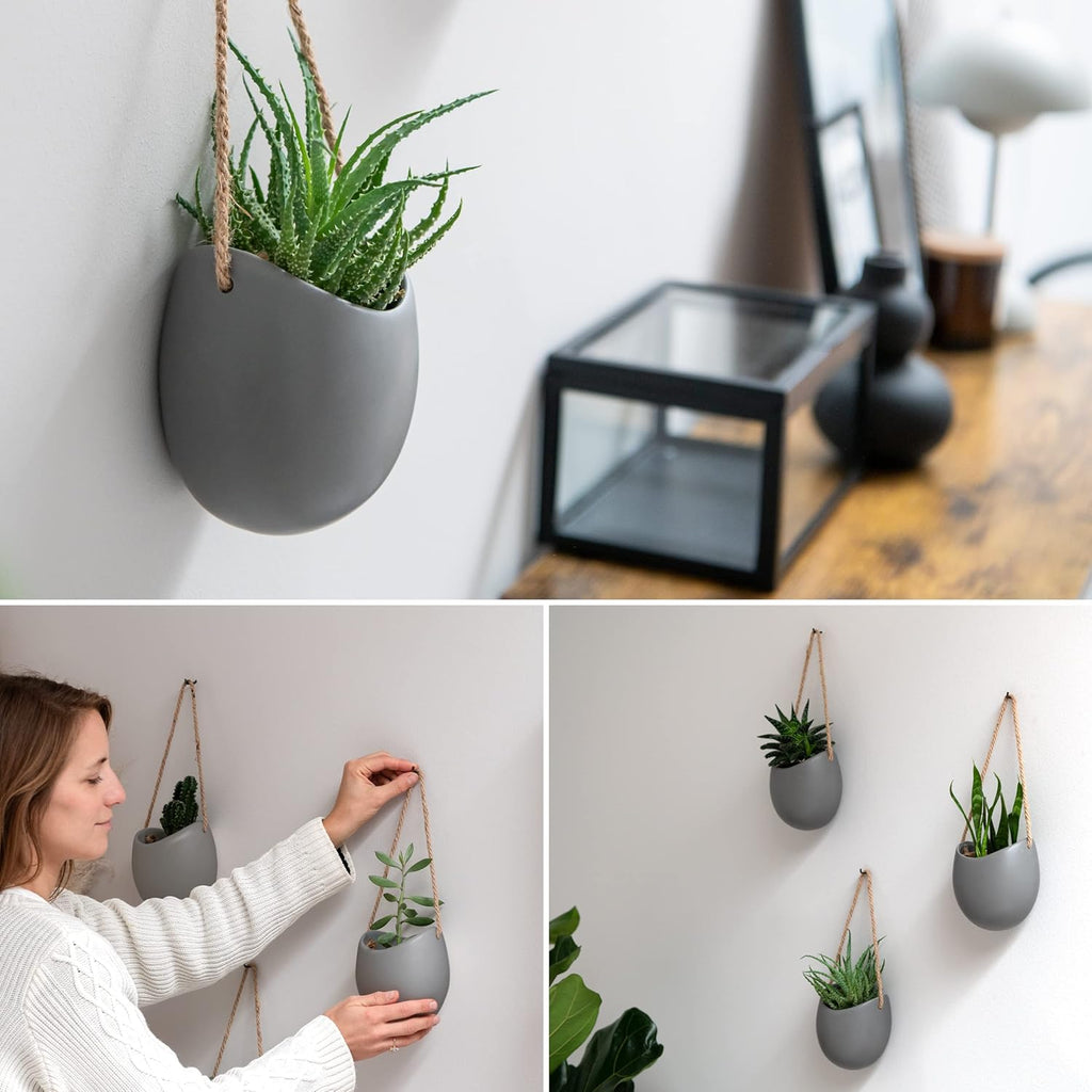 Kazai. Wall Planters -Ellie- | Hanging Ceramic Plant Pots 3 Pieces | Wall Decoration for Indoors, Balcony and Garden | Grey (Matte)