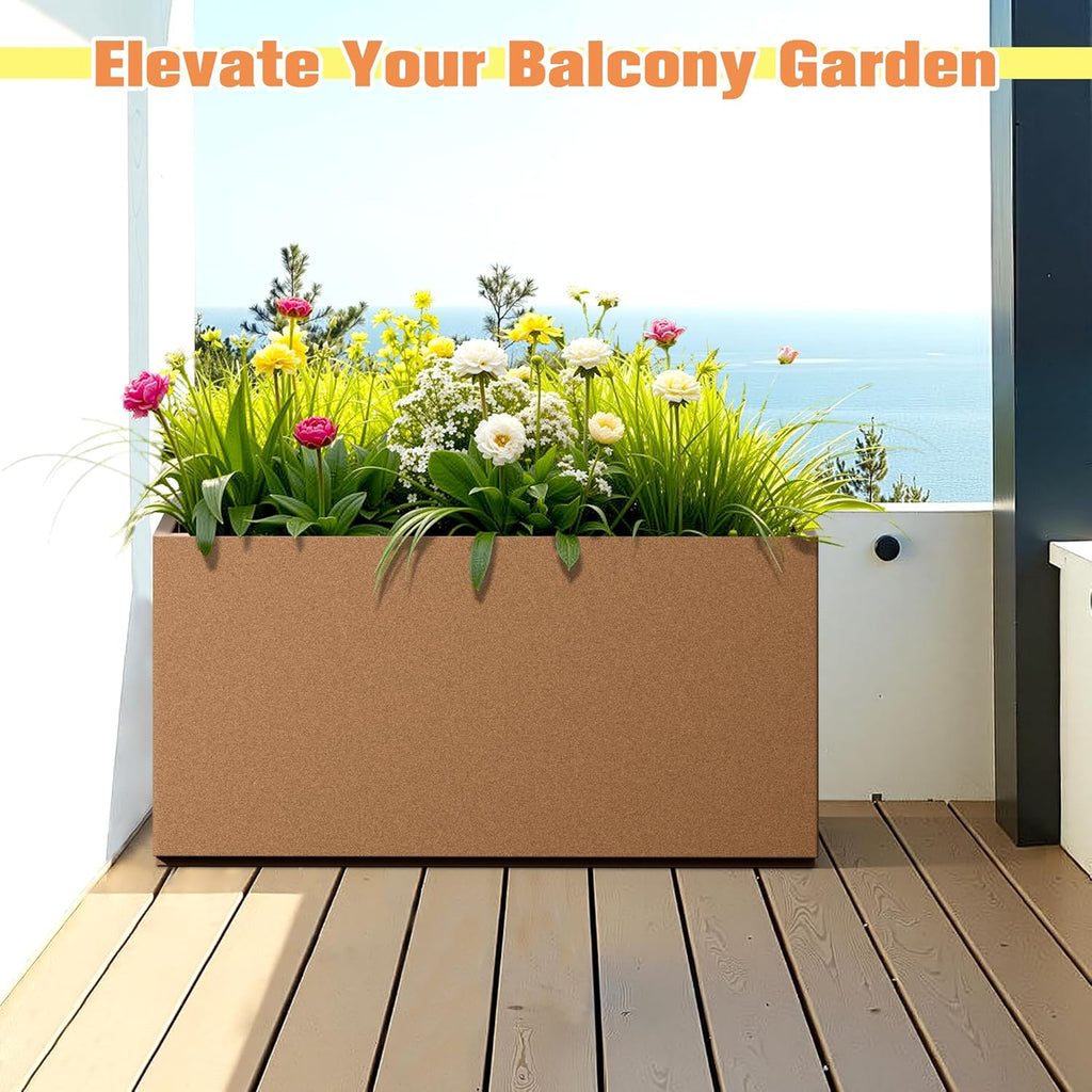 Rectangle Planter for Indoor & Outdoor, Tall and Long Planter Boxes with Drainage Holes, Mental Planter Box All-Weather Use for Plants, Flowers, 32" L x 10" W x 16.3" H, Brown