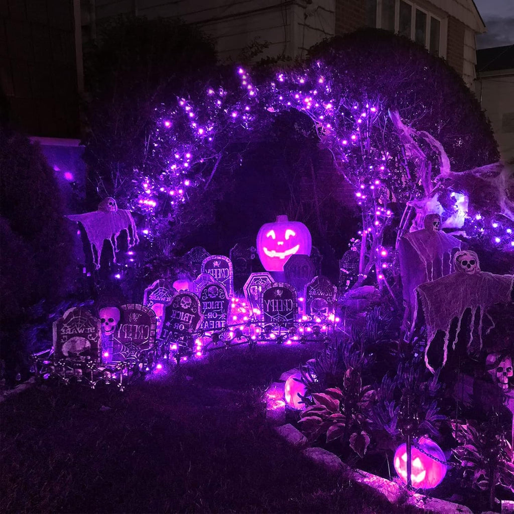 JMEXSUSS 4 Pack Purple Solar String Lights Outdoor Waterproof, 100 LED 33ft Purple Solar Fairy Lights, 8 Modes Copper Wire Christmas Light for Halloween Christmas Garden Yard Tree Decor