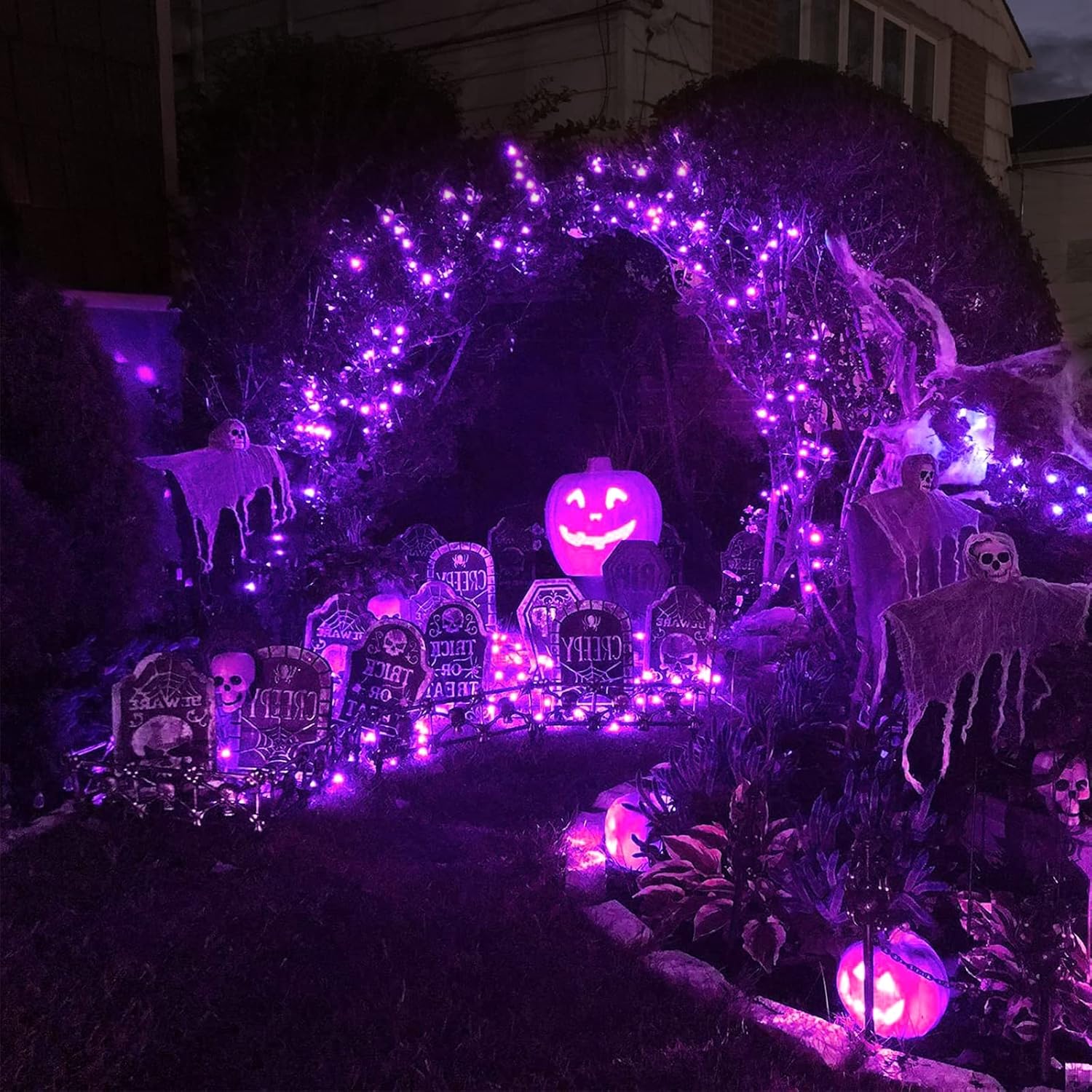 JMEXSUSS 4 Pack Purple Solar String Lights Outdoor Waterproof, 100 LED 33ft Purple Solar Fairy Lights, 8 Modes Copper Wire Christmas Light for Halloween Christmas Garden Yard Tree Decor