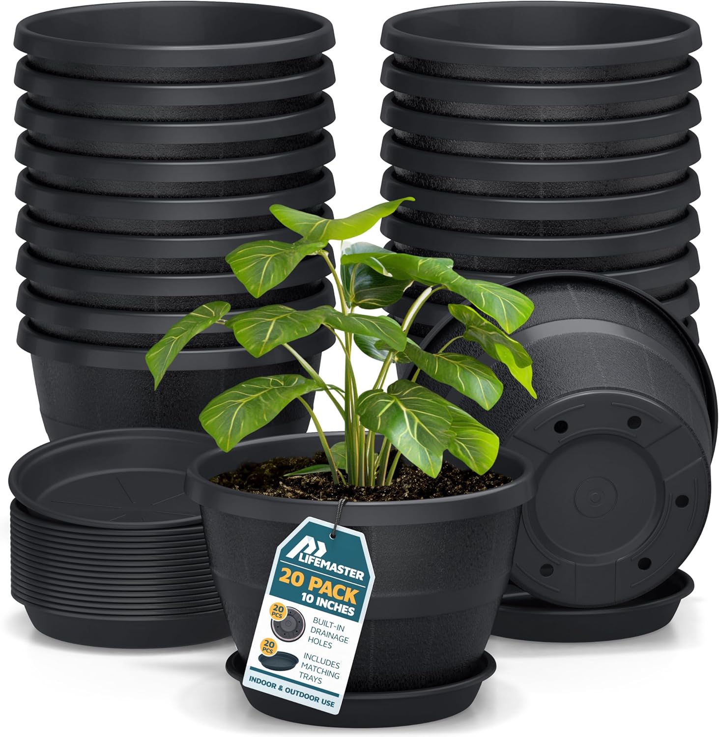 10-Inch Whiskey Barrel Planters Outdoor Pack of 20 - Durable Plastic Plant Pots for Indoor & Outdoor Use with Drainage & Saucer, Lightweight Rustic Barrel Planters for Flowers, Herbs & Small Plants