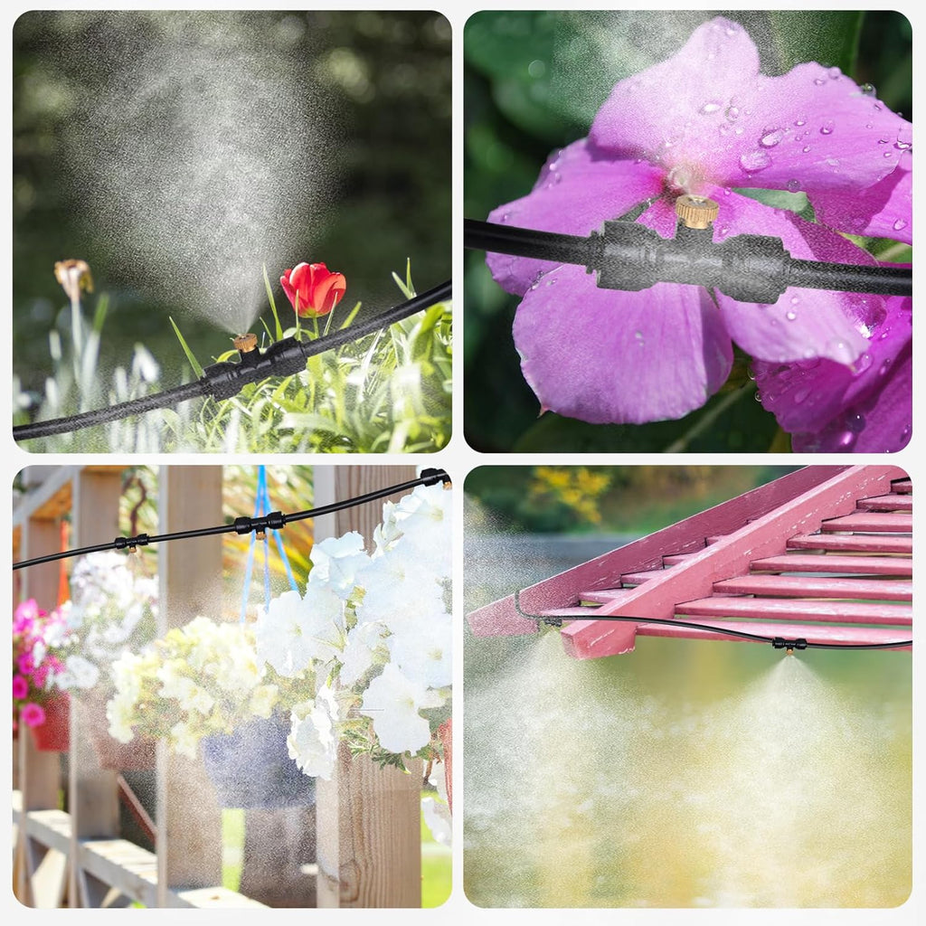 Misters System, 100FT DIY Outdoor Misting Cooling System Comprise +2 PE Adapters3/4+30 Brass Mist Nozzles+2 Tee Adapters+2 90 Degree Elbows, for Garden, Outside Patio Pasture and waterpark