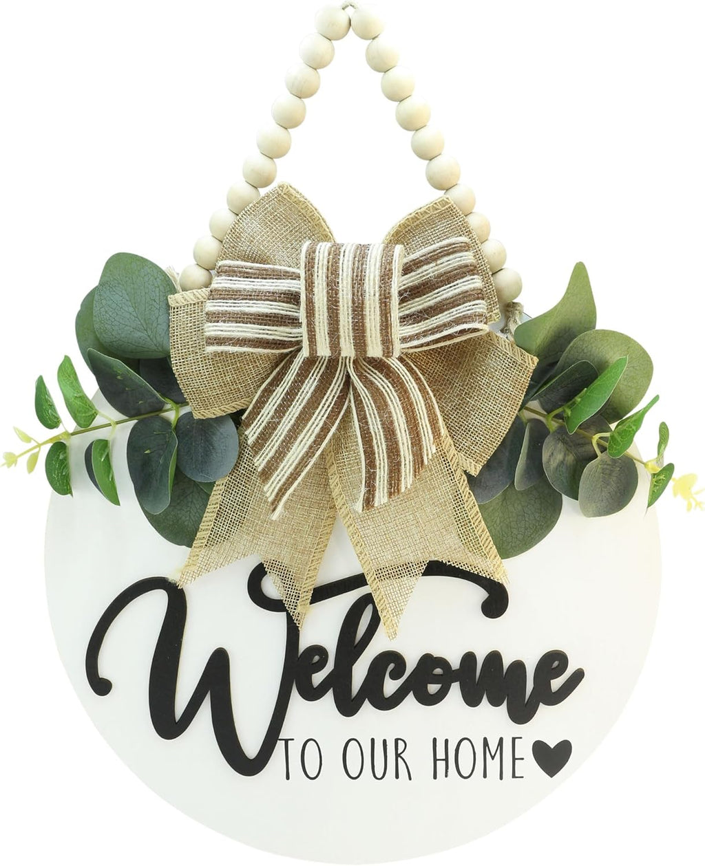 3D Welcome Sign for Front Door |Home/Farmhouse Porch Décor Wooden Hanging Sign with Artificial Leaves and Rustic Beads | Christmas Classroom |12" Round|White