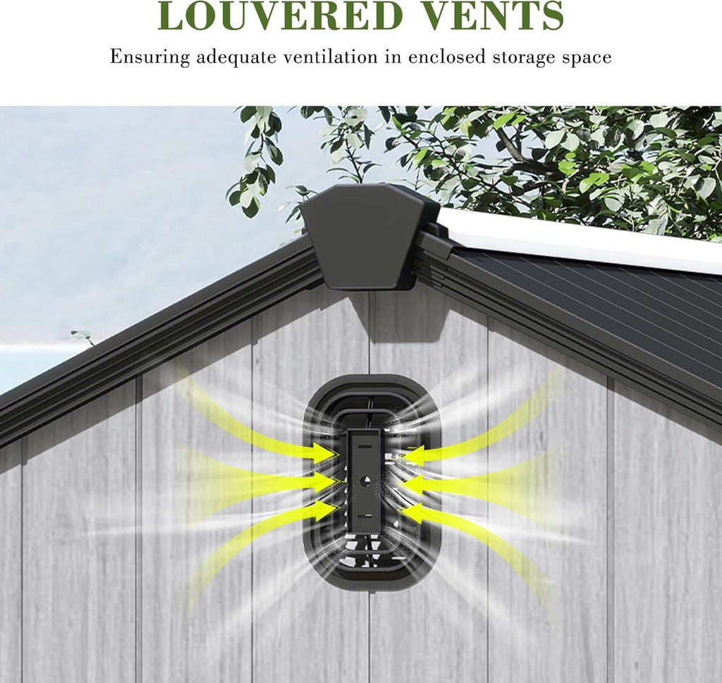 Domi 8x6FT Outdoor Resin Storage Shed with Transparent Windows & Louvered Vents, Plastic Tool Shed with Double Lockable Doors & Gable Roof, Outside Garden Shed for Backyard, Patio, Lawn, Grey