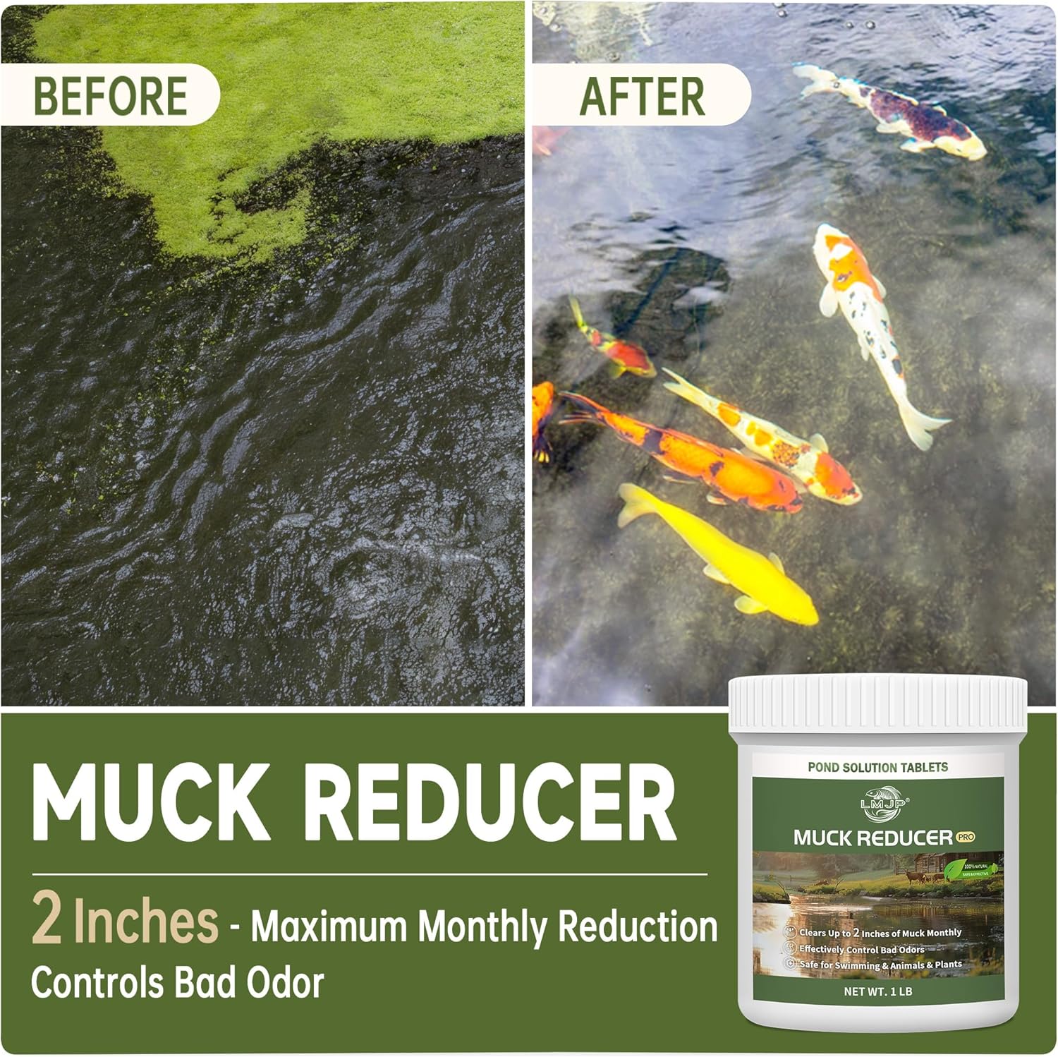 Muck Reducer - 1LB Natural Sludge Solution Tablets for Ponds & Lakes, Away Muck & Odor Control, Safe for Aquatic Life, Wildlife & Recreation, Treats Up to 6,000 Sq Ft