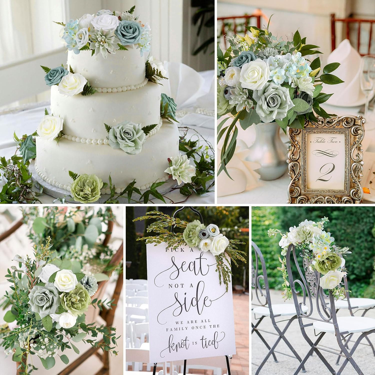 AGIRL Artificial Flowers Combo Silk Mix Green Fake Flower with Stems for DIY Wedding Bouquets Centerpieces Arrangements Table Chair Decor Baby Shower Home Decor (Sage Green)