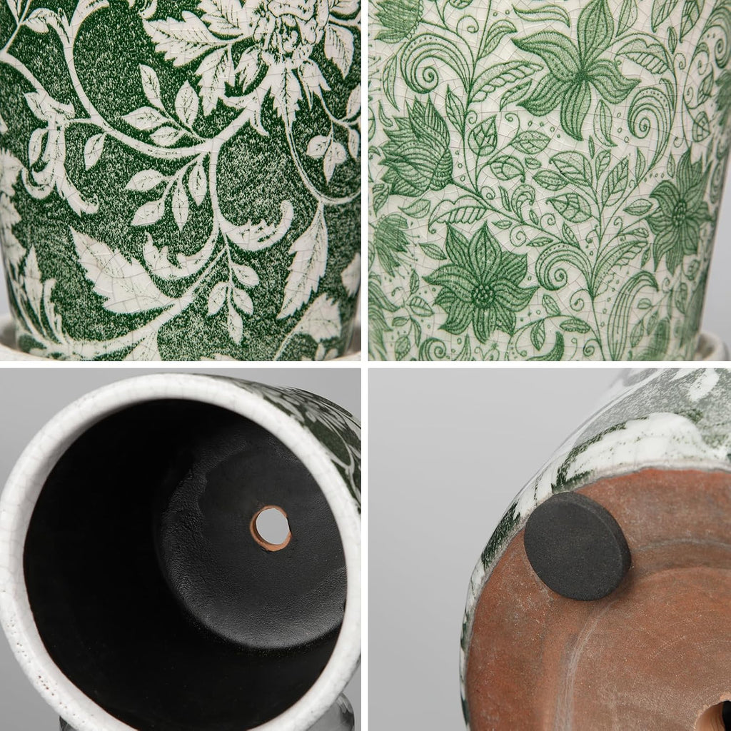Set of 2 Ceramic Green Plant Pots with Drainage Hole and Saucers, Vintage Farmhouse Accent Planters for Indoor Plants, Round Flower Pots Rustic Succulent Cactus Pots Terracotta Tubs 5.7/4.7 Inch