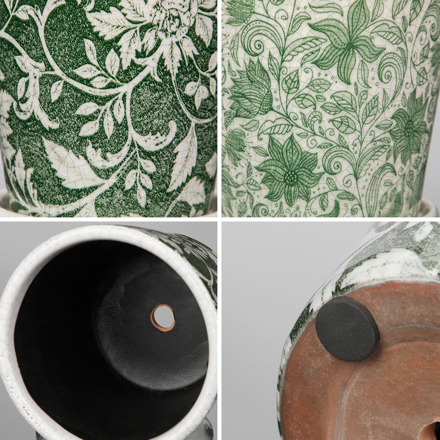 Set of 2 Ceramic Green Plant Pots with Drainage Hole and Saucers, Vintage Farmhouse Accent Planters for Indoor Plants, Round Flower Pots Rustic Succulent Cactus Pots Terracotta Tubs 5.7/4.7 Inch