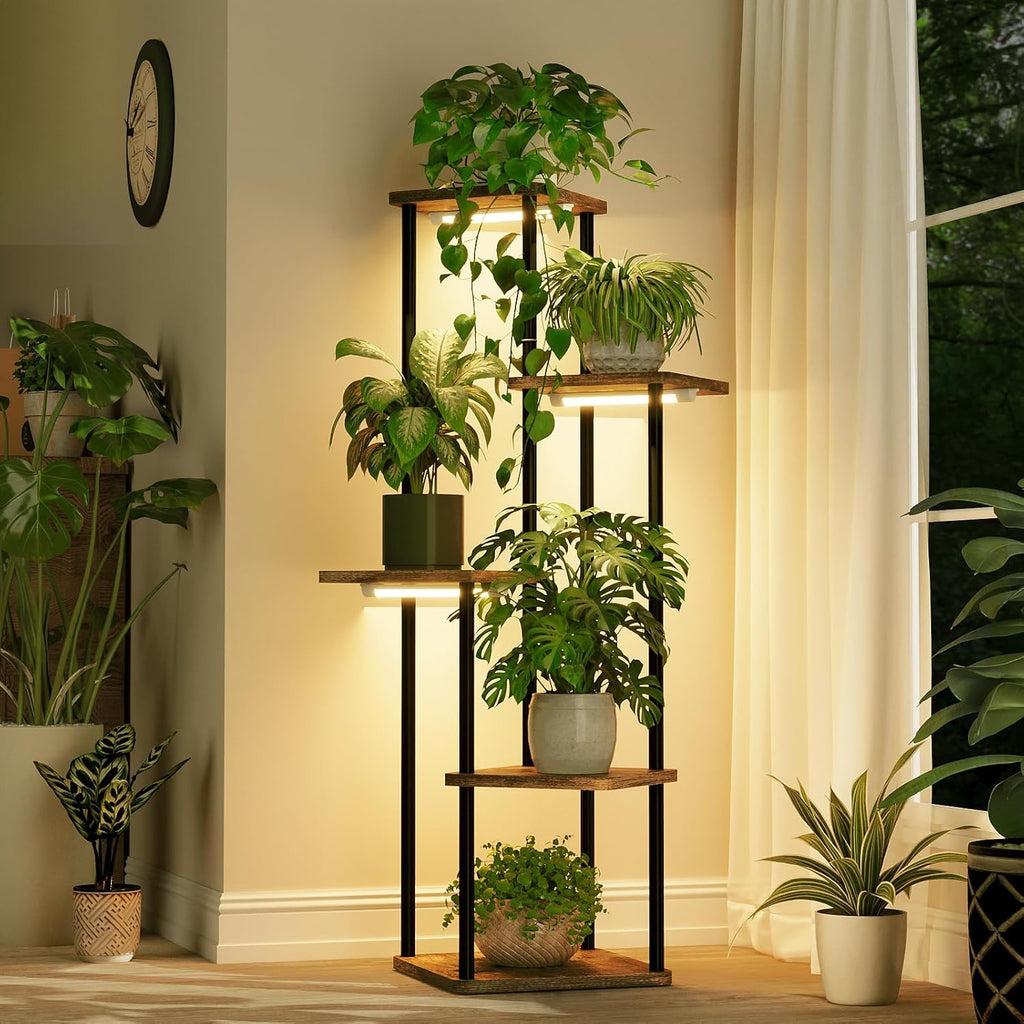 Bamworld Tall Plant Stand Indoor with Grow Light Corner Plant Stand for Indoor Plants 5 Tier Metal Wood Plant Shelf with Grow Lights for Living Room Bedroom Patio Garden Balcony Decor
