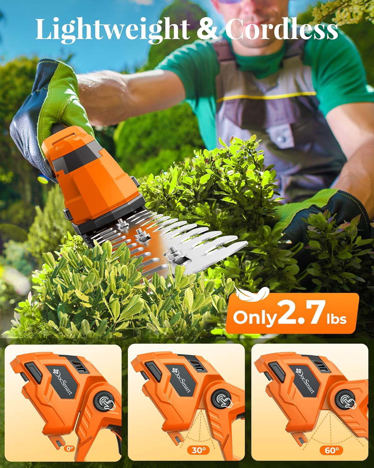 Hedge Trimmer Cordless with Battery, 2-in-1 Electric 21V Handheld Grass Shear Cutter with 2 Pack Rechargeable Battery, Mini Bush Trimmer Kit for Garden Yard Lawn Pruning, Orange