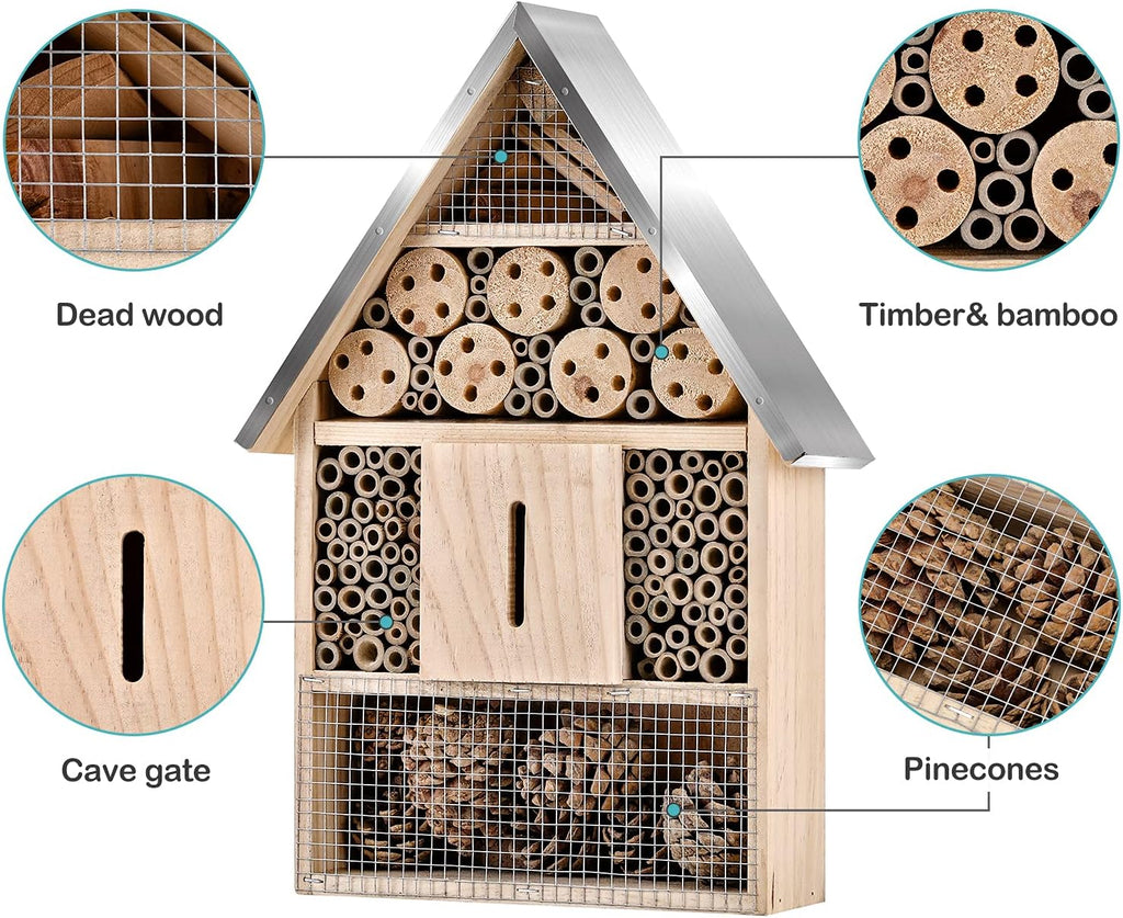 Wooden Mason Insect Bee Butterfly House,Insect Hotel,an Outdoor Hanging Bamboo Habitat for Bee Butterfly Ladybugs Live,Bee Box,Butterfly Habitat for Garden,9 x 15.7 x 2.5 Inch