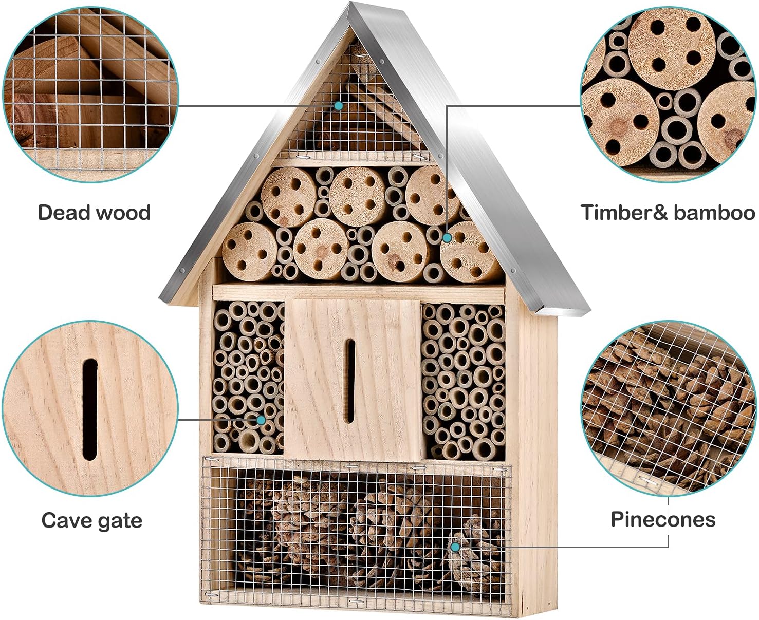 Wooden Mason Insect Bee Butterfly House,Insect Hotel,an Outdoor Hanging Bamboo Habitat for Bee Butterfly Ladybugs Live,Bee Box,Butterfly Habitat for Garden,9 x 15.7 x 2.5 Inch