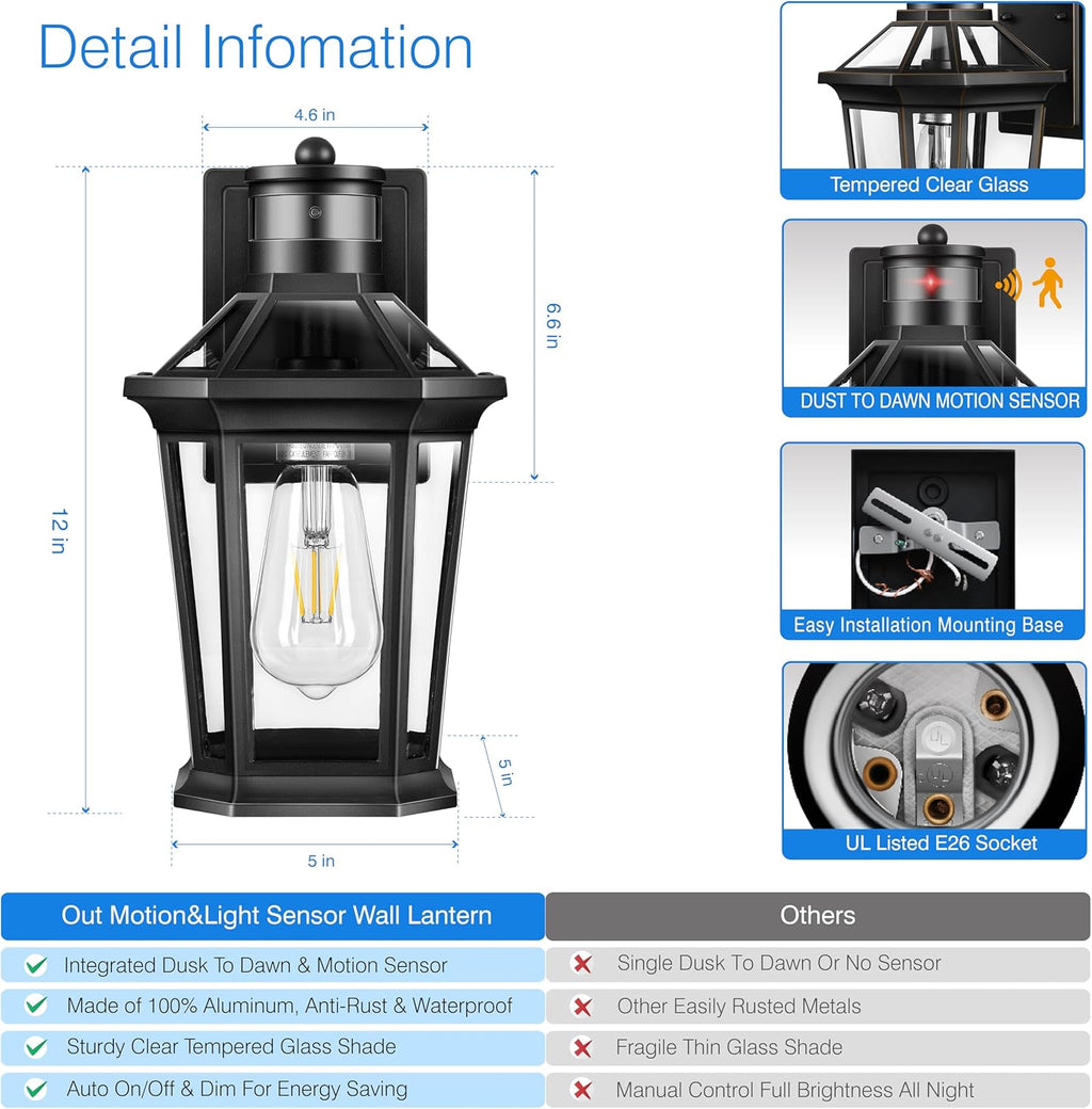 VIANIS Black 2 Pack Outdoor Lights for House, Dusk to Dawn Porch Light Lantern, Exterior Lighting for House Wall Mount, Motion Sensor Light Outside for Garage, Brightness Distance Adjustable